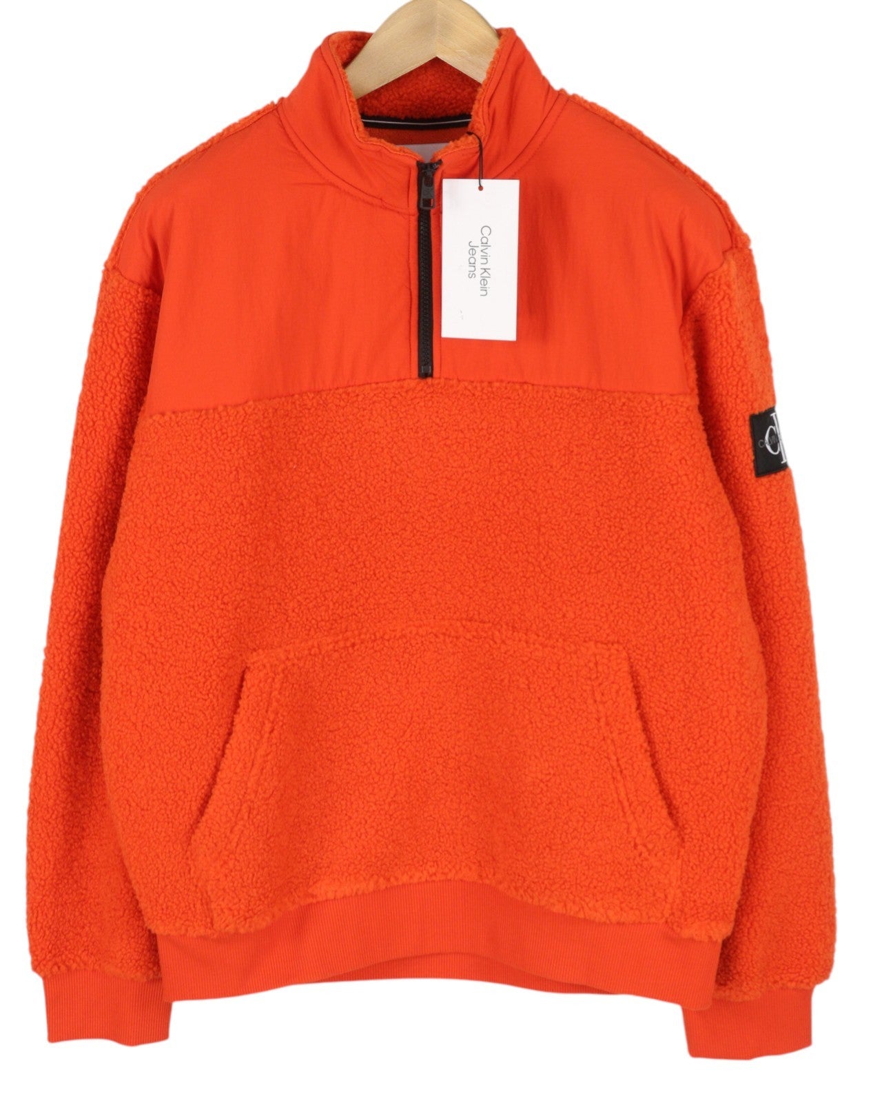 CALVIN KLEIN Badge Sherpa Half Men Sweatshirt L Orange Fleece Pullover RRP129