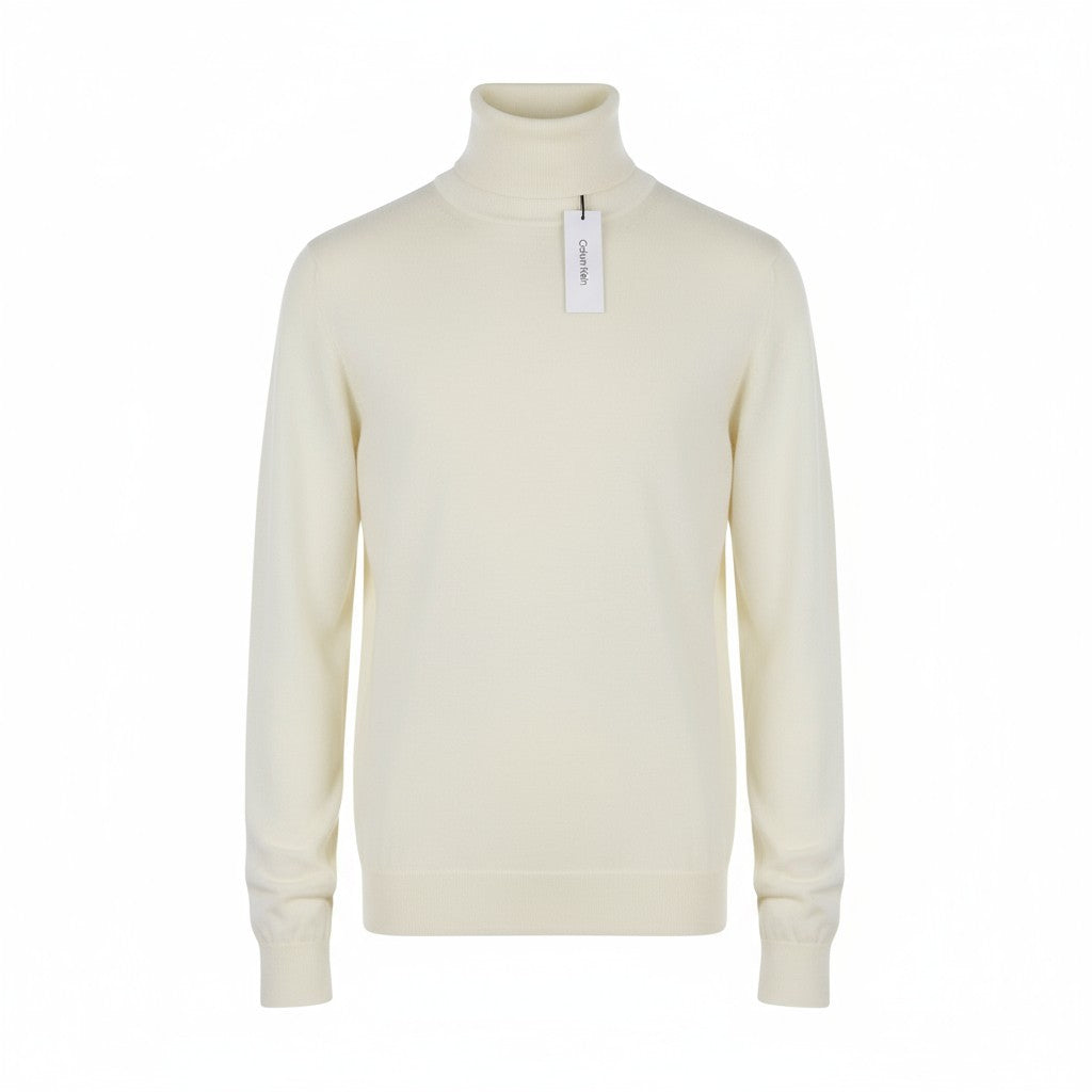 CALVIN KLEIN Merino Rws Turtle Men Jumper L White Knit Logo Pullover RRP129