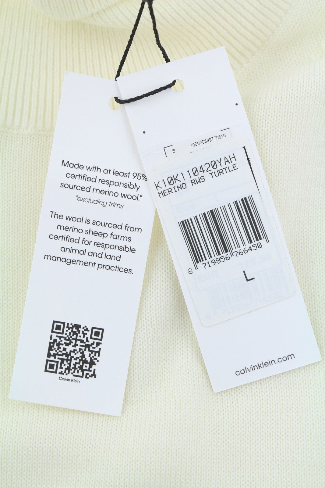 CALVIN KLEIN Merino Rws Turtle Men Jumper L White Knit Logo Pullover RRP129