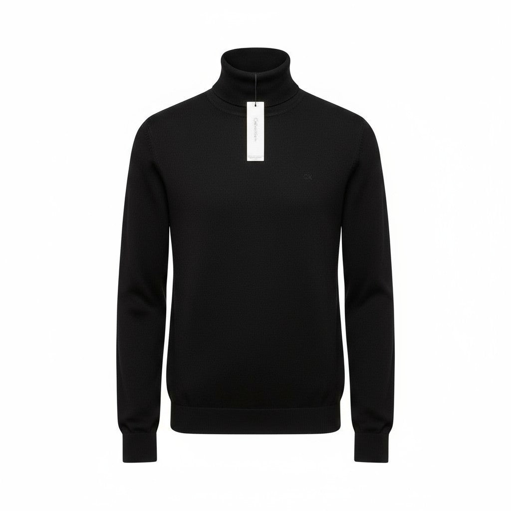 CALVIN KLEIN Merino Rws Turtle Men Jumper M Black Knit Logo Pullover RRP129