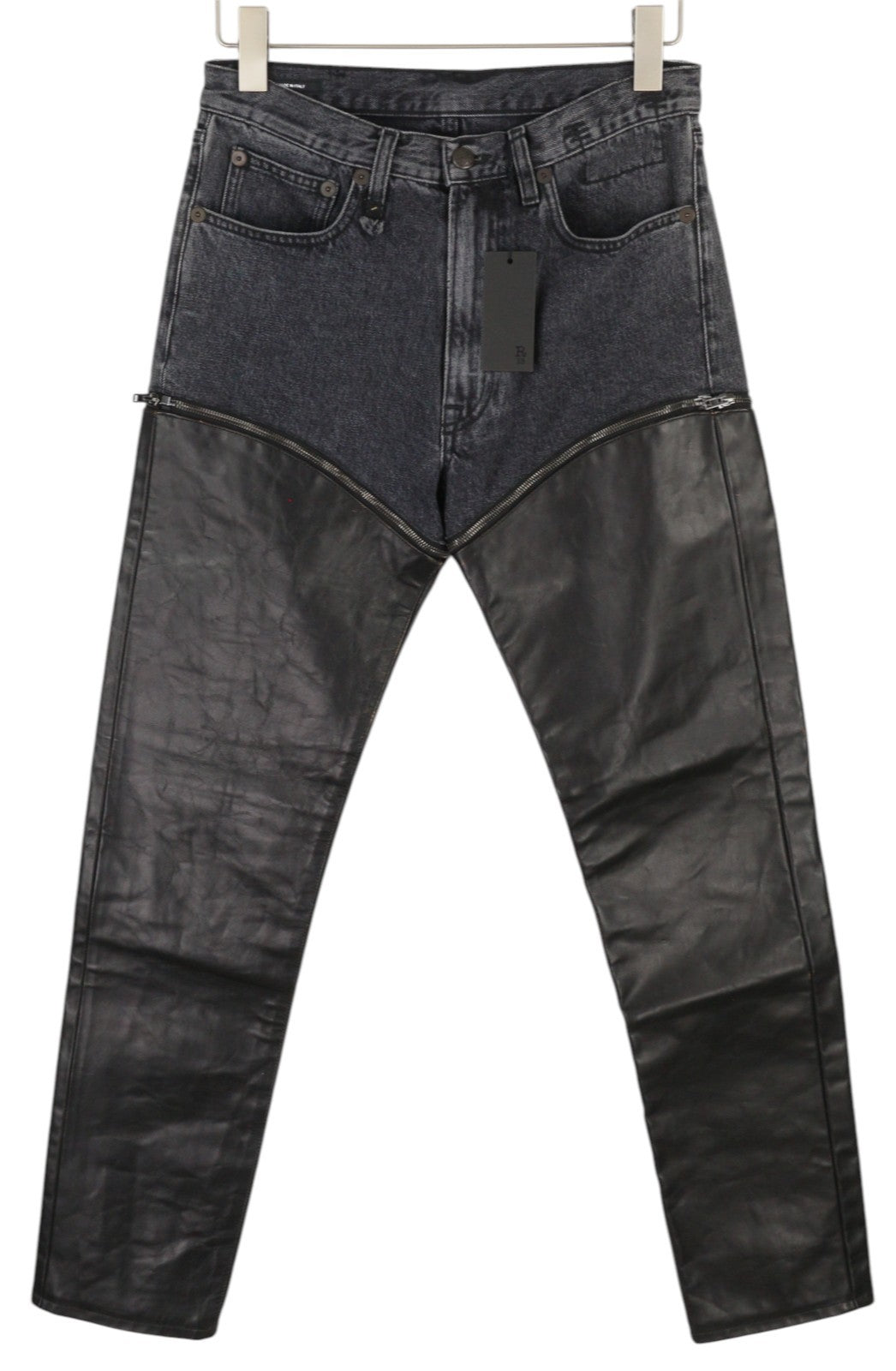 R13 Zip-Off Axl Slim With Leather Legs Women Jeans 27 Stone Black Denim RRP999