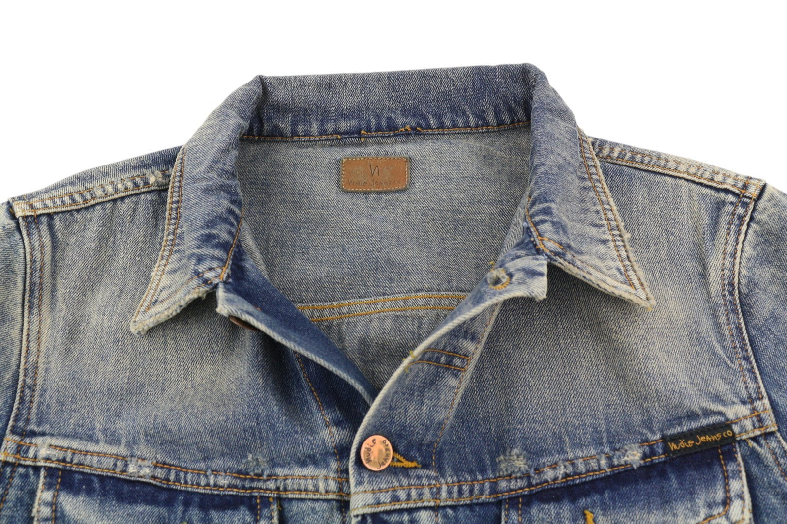 NUDIE JEANS Men Jacket M Denim Blue Vintage Washed Button-Up Polo Collar Casual