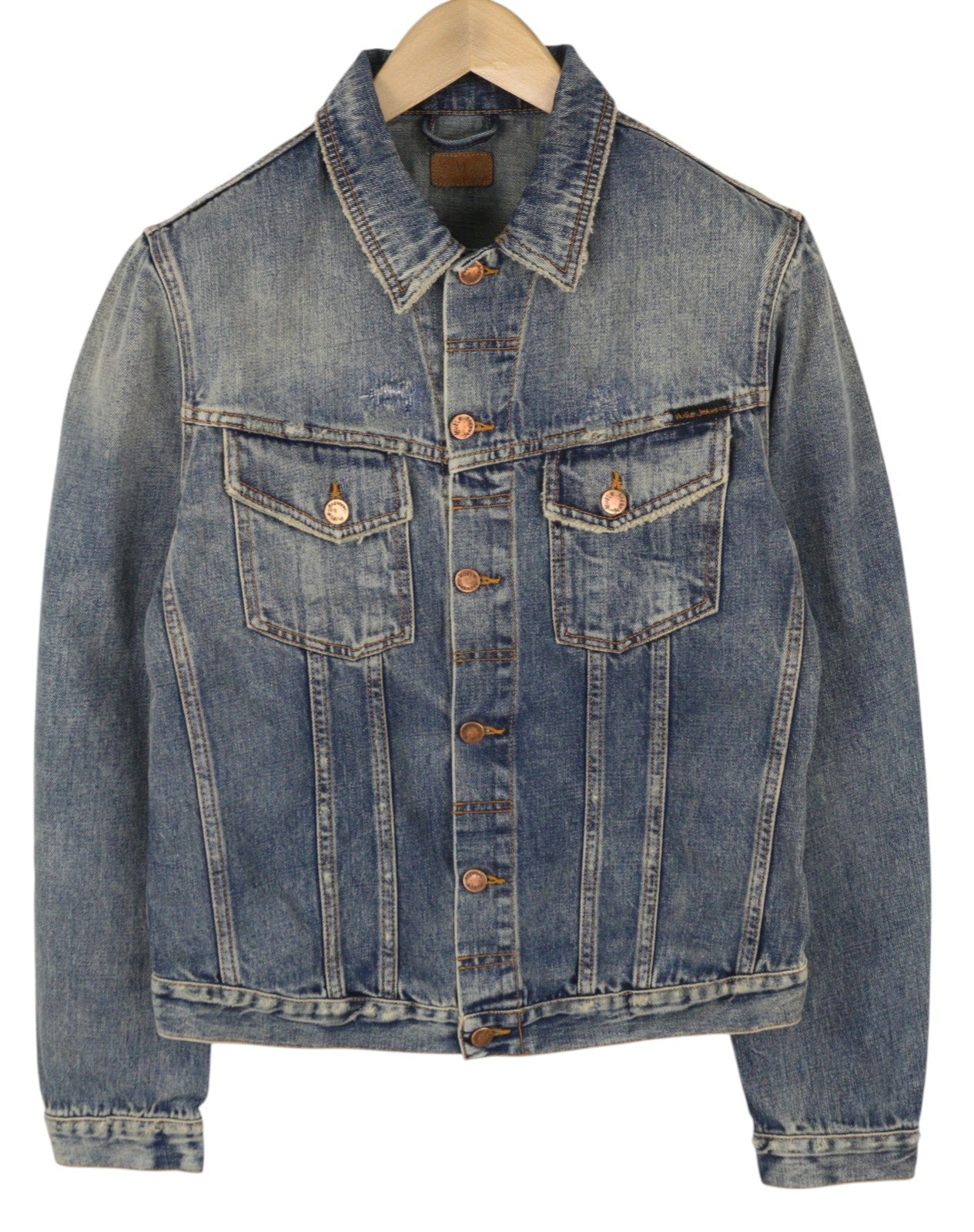 NUDIE JEANS Billy Men Jacket M Shimmering Indigo Denim Button Distressed Blue