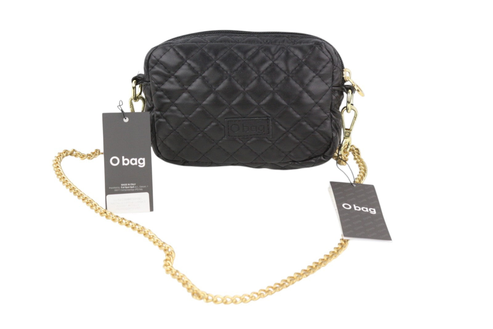 O BAG Extra Pocket Women Bag OS Black Quilted Coated Gold Chain Crossbody