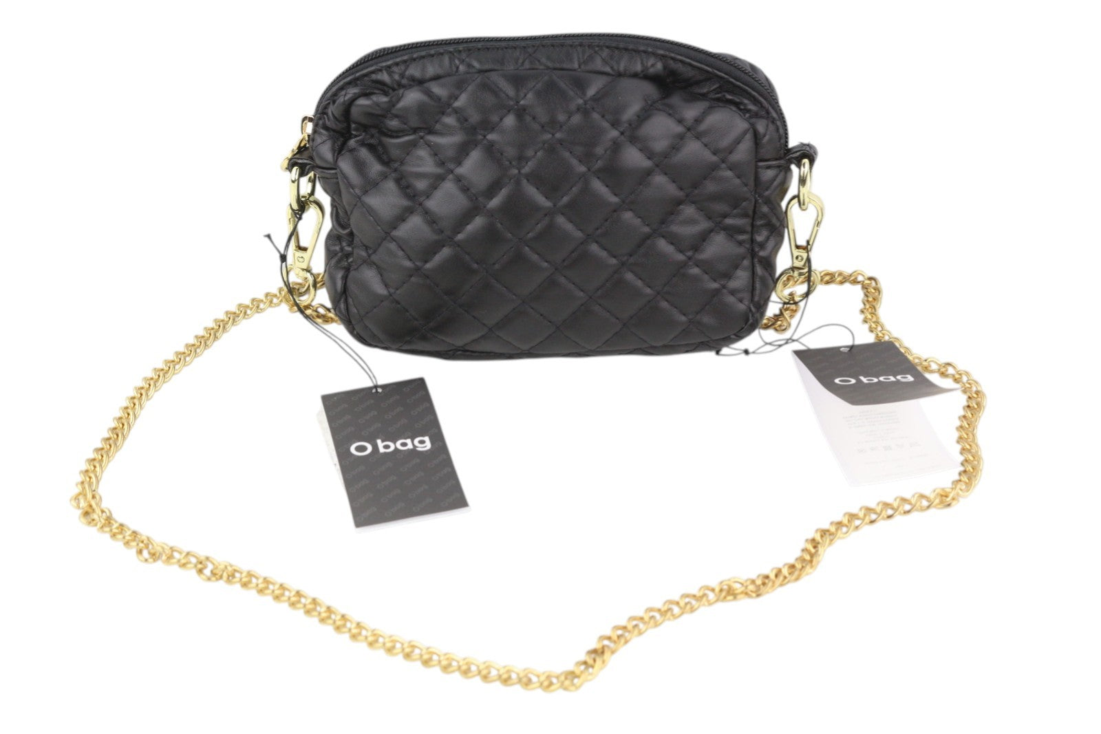 O BAG Extra Pocket Women Bag OS Black Quilted Coated Gold Chain Crossbody