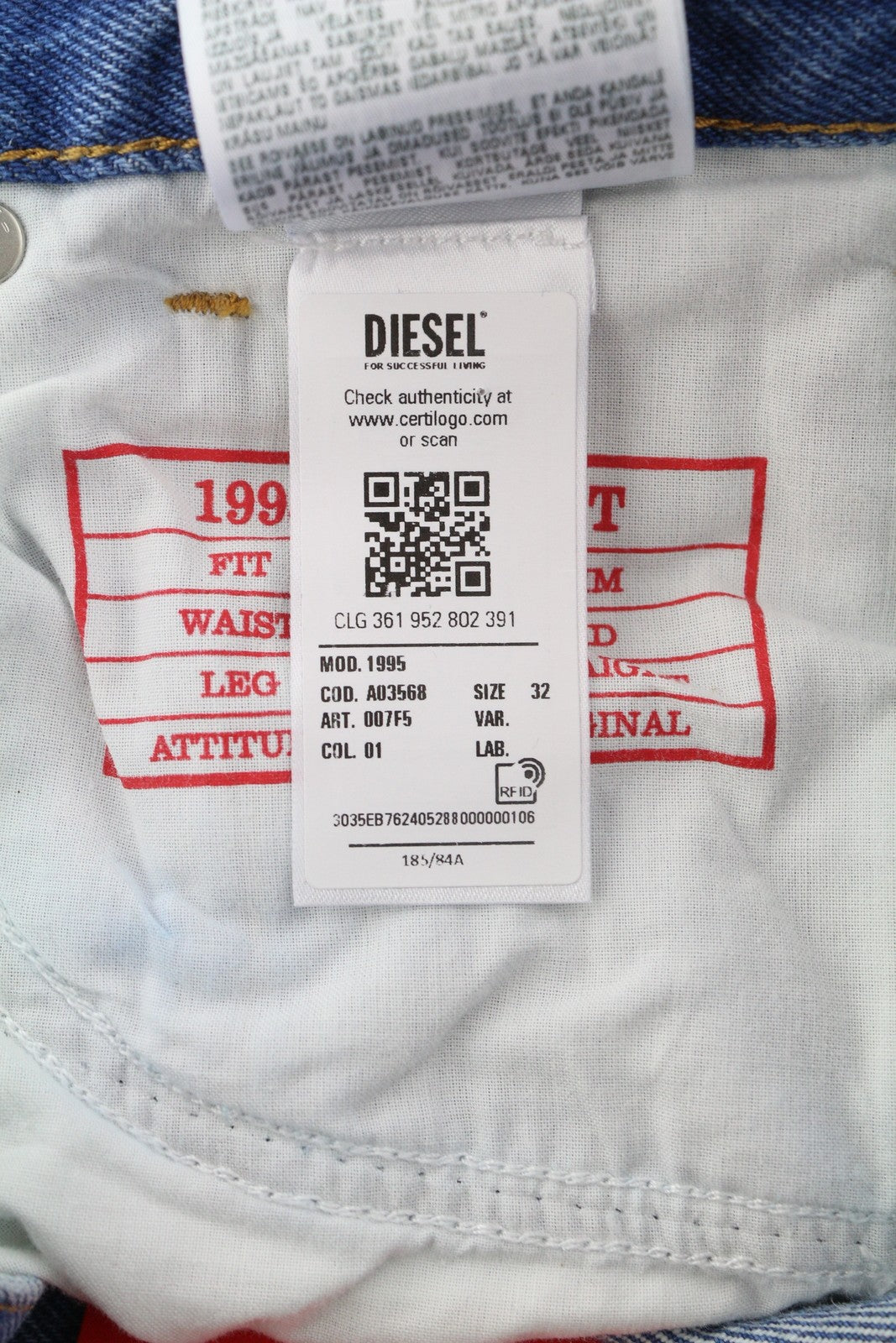 DIESEL 1995 007F5 Men Jeans W32/L32 Patterned Slim Straight Denim RRP250