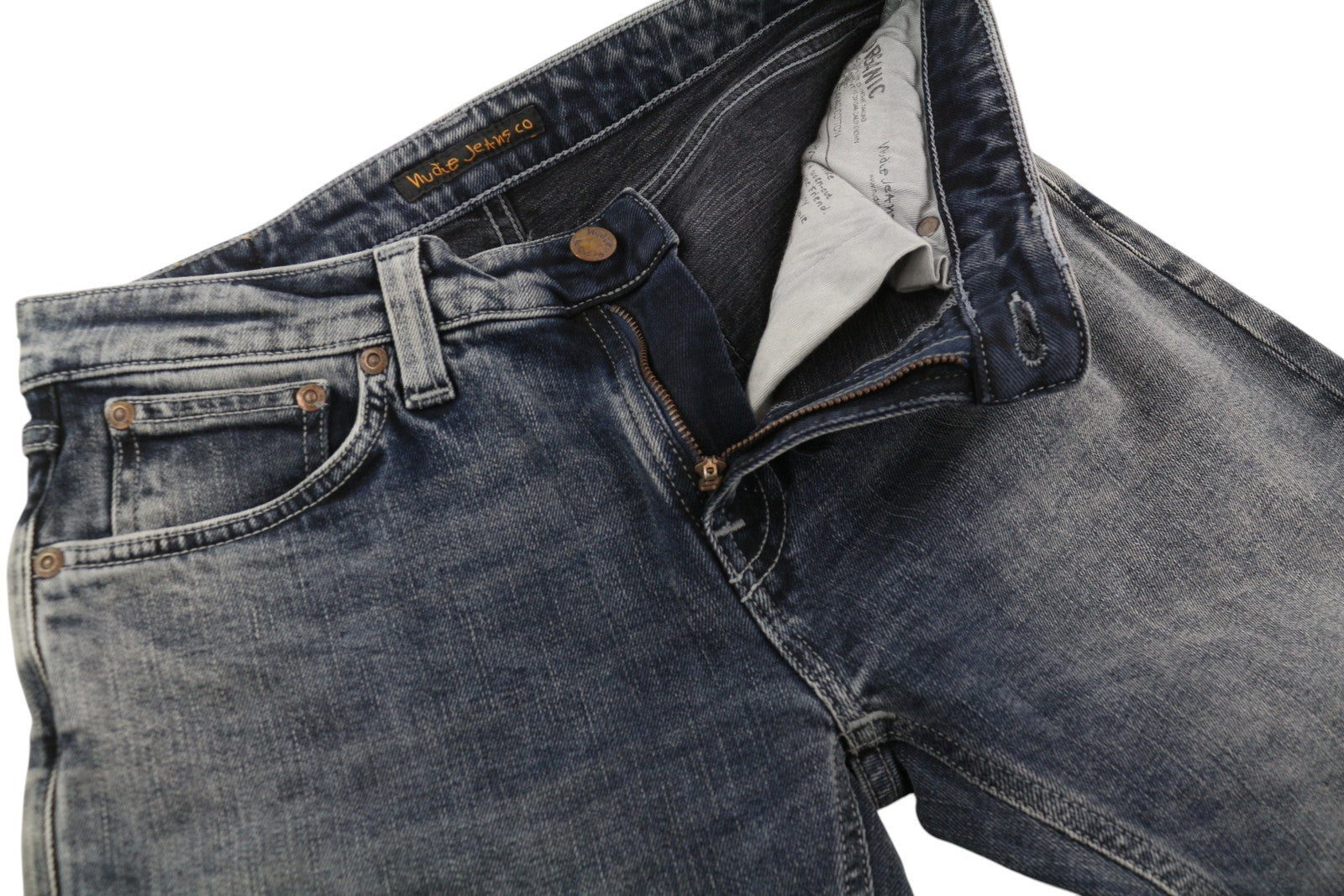 NUDIE JEANS Skinny Lin Patches Men Jeans W30/L32 Grey Washed Faded Zip Denim