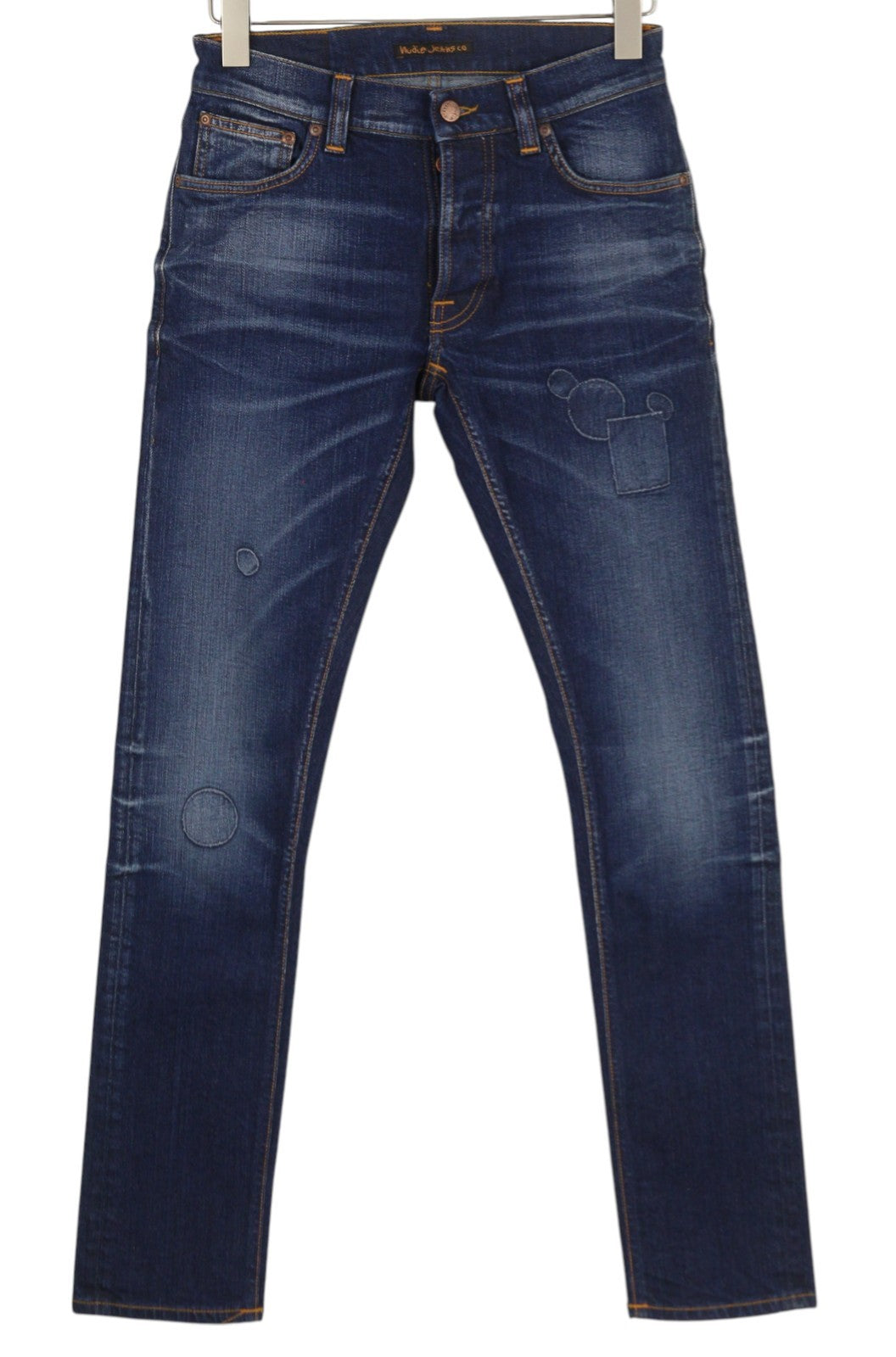 NUDIE JEANS Tilted Tor Men Jeans W29/L32 Patch Mended Slim Button Faded Blue