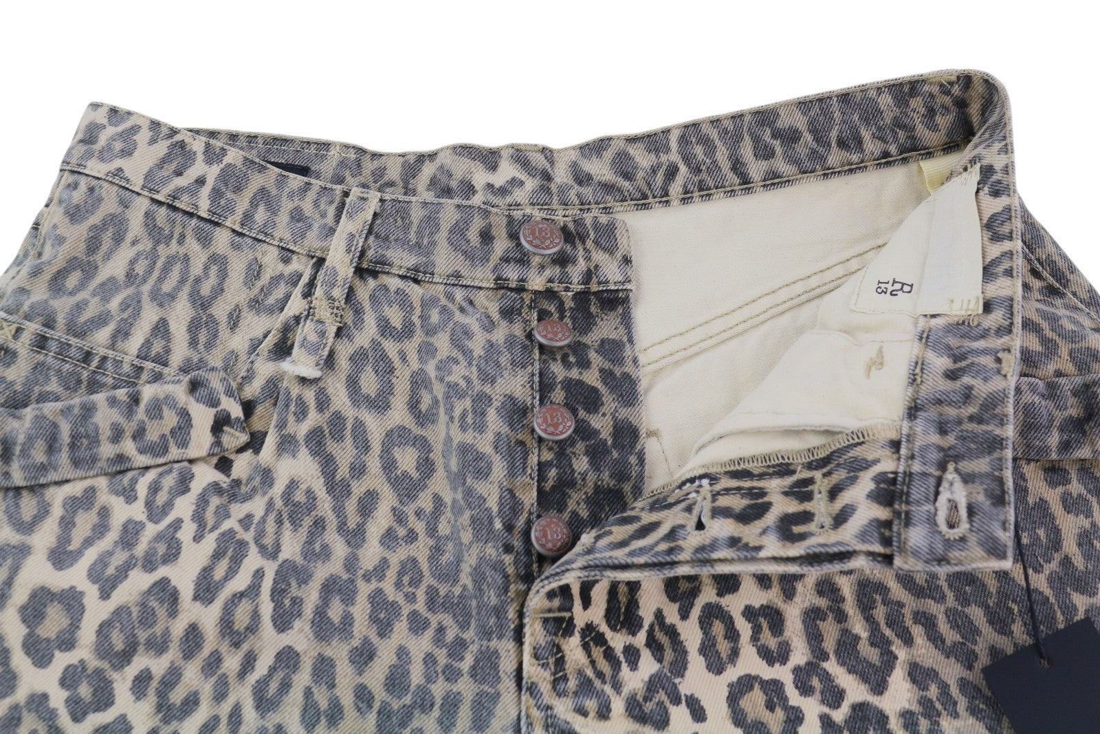 R13 Pouch Pocket Women Shorts 26 Brown Leopard Denim Turn-Up Button RRP795