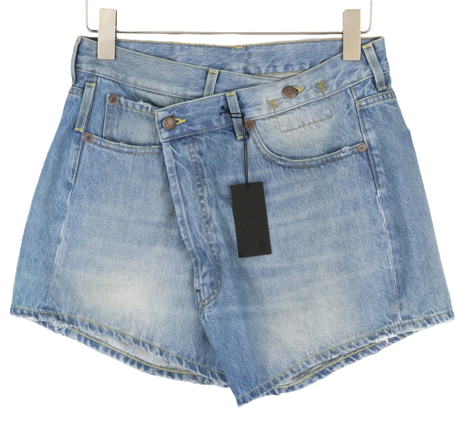 R13 Cross Over Women Shorts 26 Blue Washed Denim Asymmetrical Distress RRP599