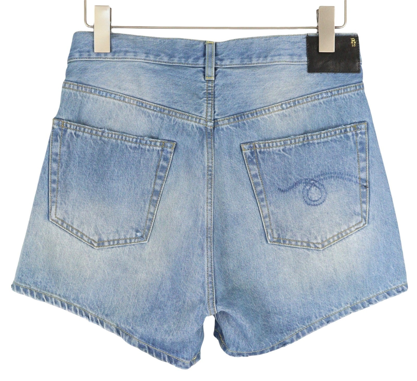 R13 Cross Over Women Shorts 26 Blue Washed Denim Asymmetrical Distress RRP599