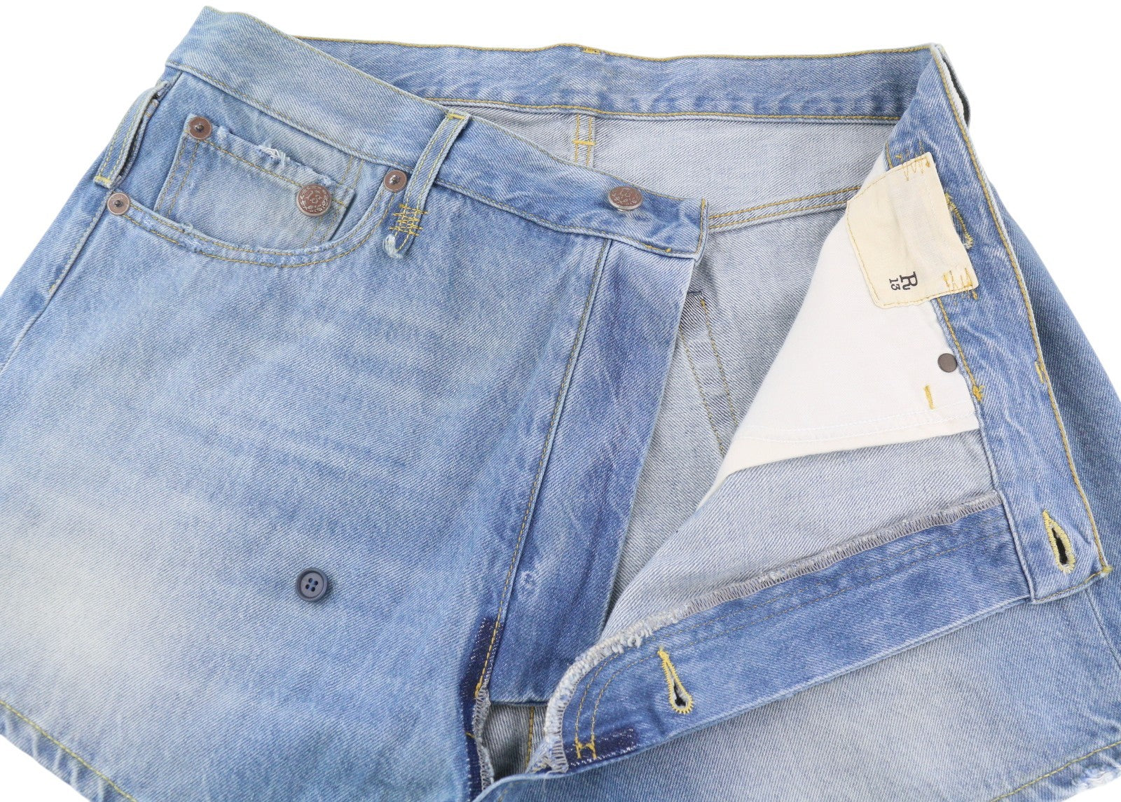 R13 Cross Over Women Shorts 26 Blue Washed Denim Asymmetrical Distress RRP599