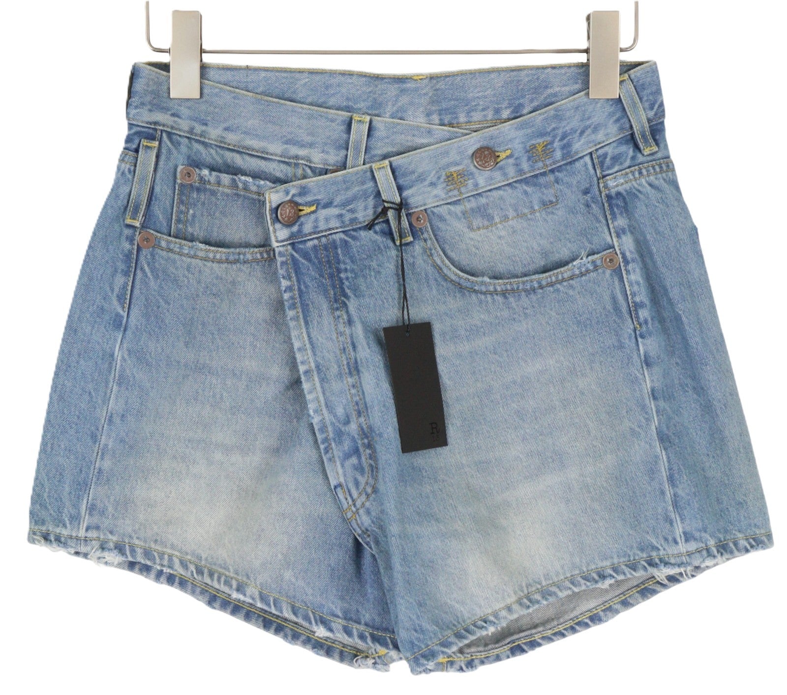 R13 Cross Over Women Shorts 25 Washed Blue Denim Asymmetrical Distress RRP599