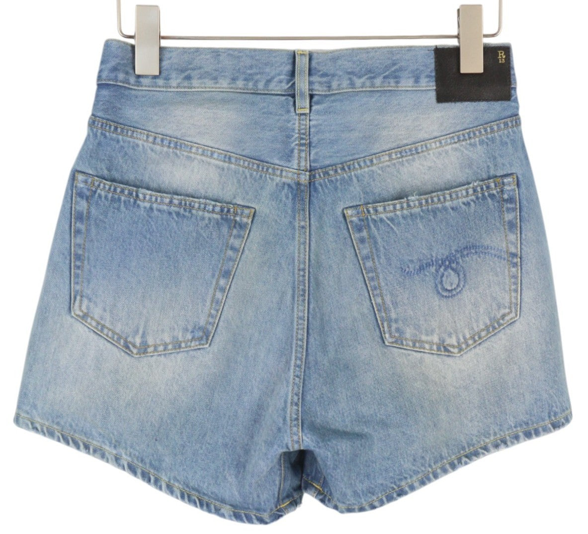 R13 Cross Over Women Shorts 25 Washed Blue Denim Asymmetrical Distress RRP599