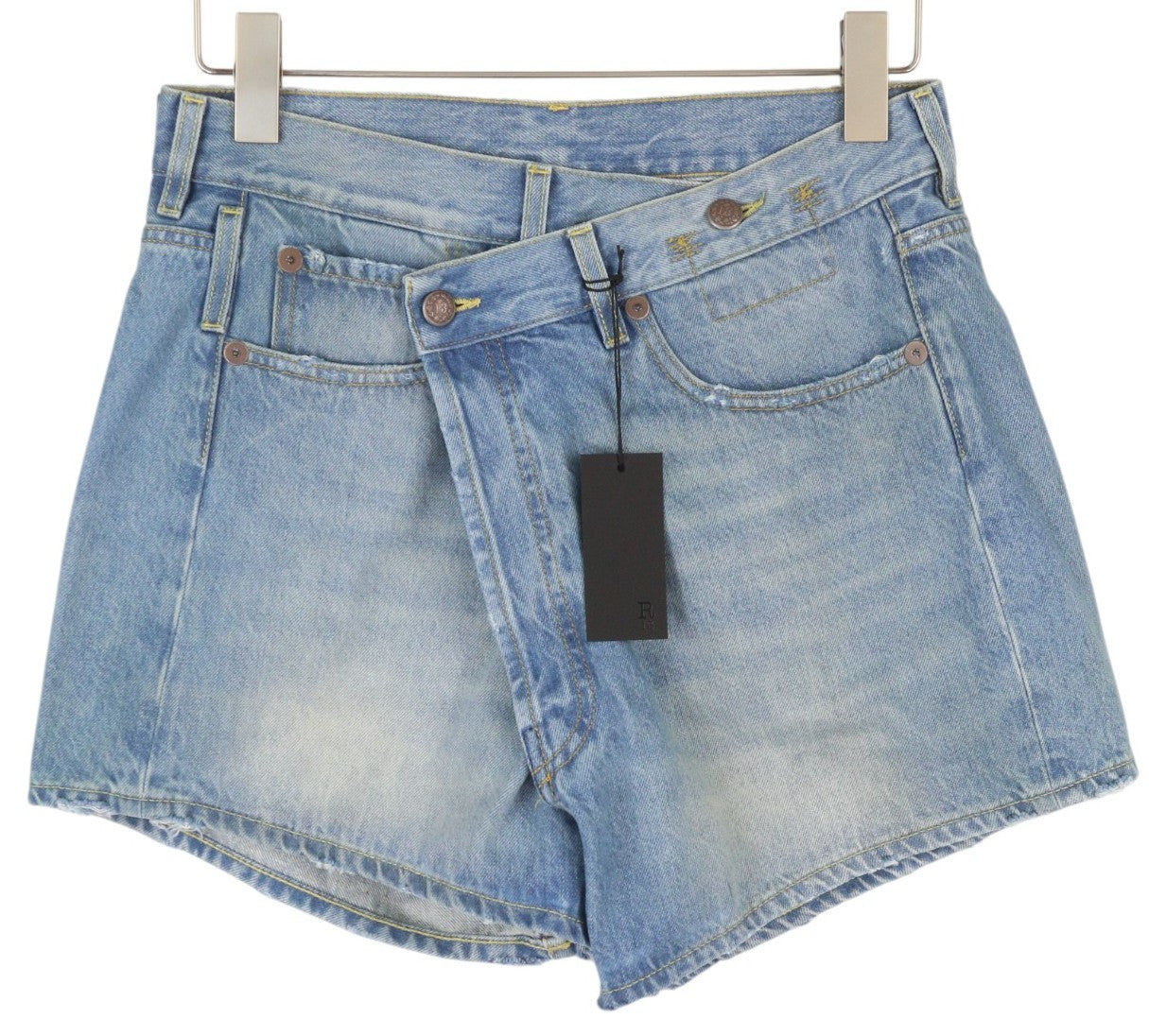 R13 Cross Over Women Shorts 26 Faded Blue Denim Asymmetrical Distress RRP599