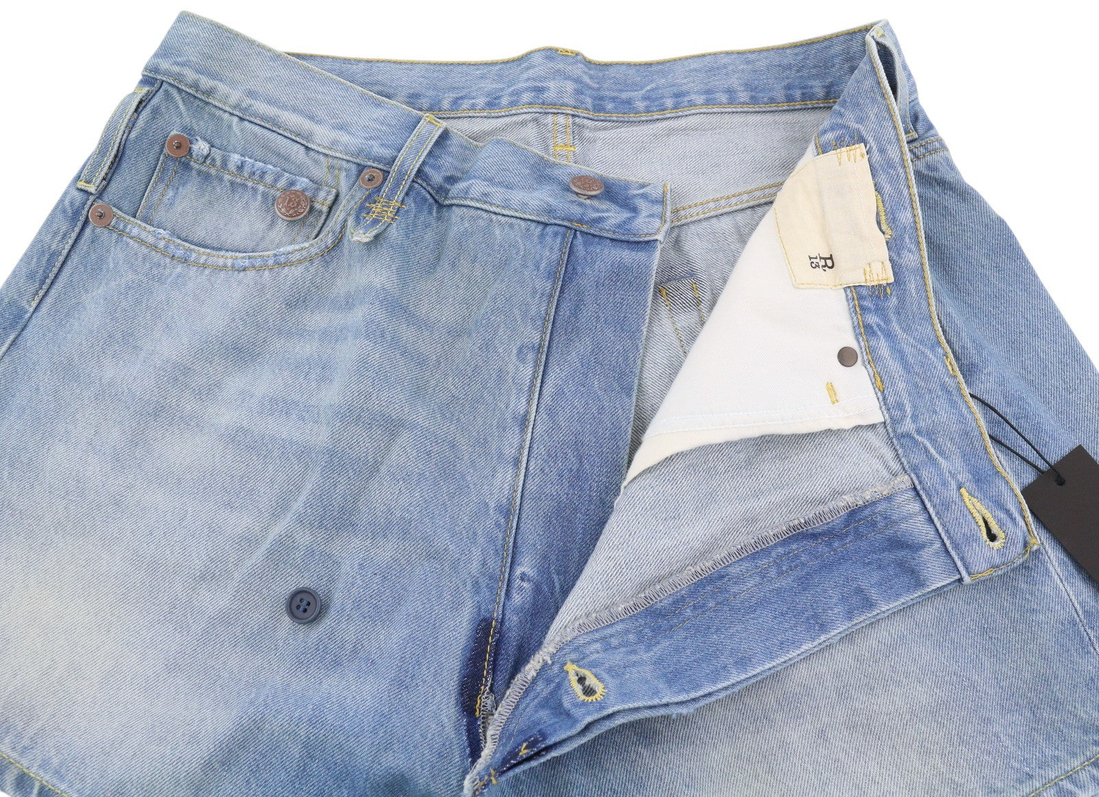 R13 Cross Over Women Shorts 26 Faded Blue Denim Asymmetrical Distress RRP599