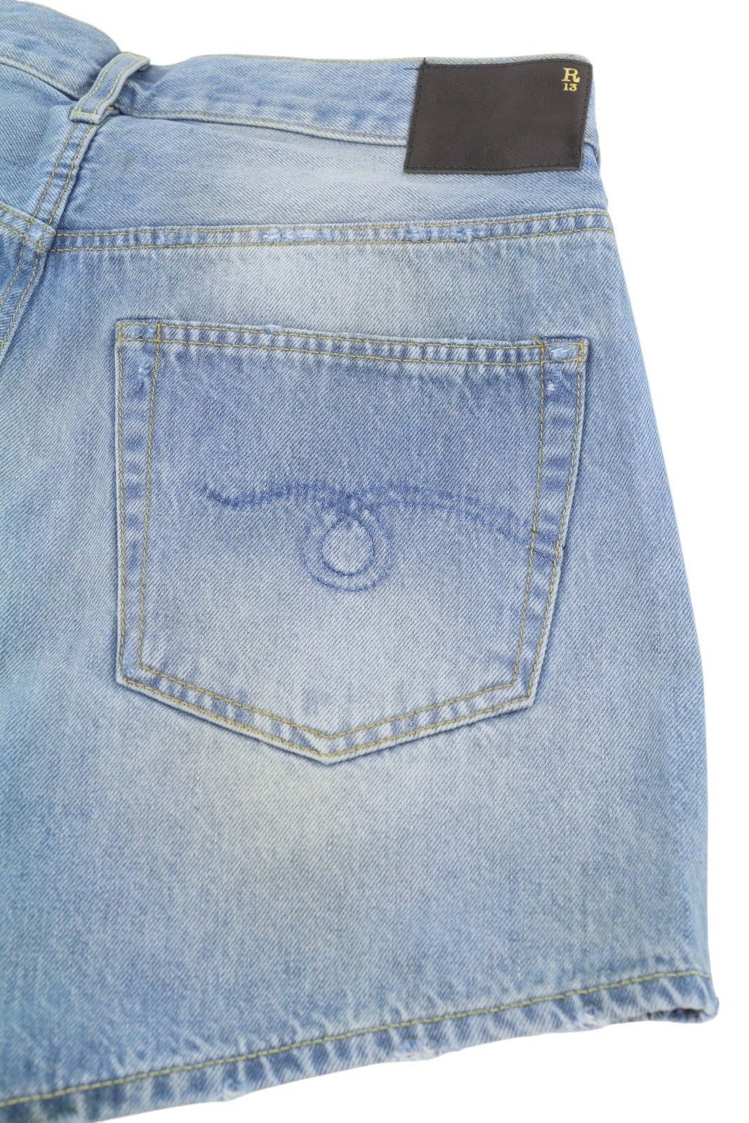 R13 Cross Over Women Shorts 26 Faded Blue Denim Asymmetrical Distress RRP599