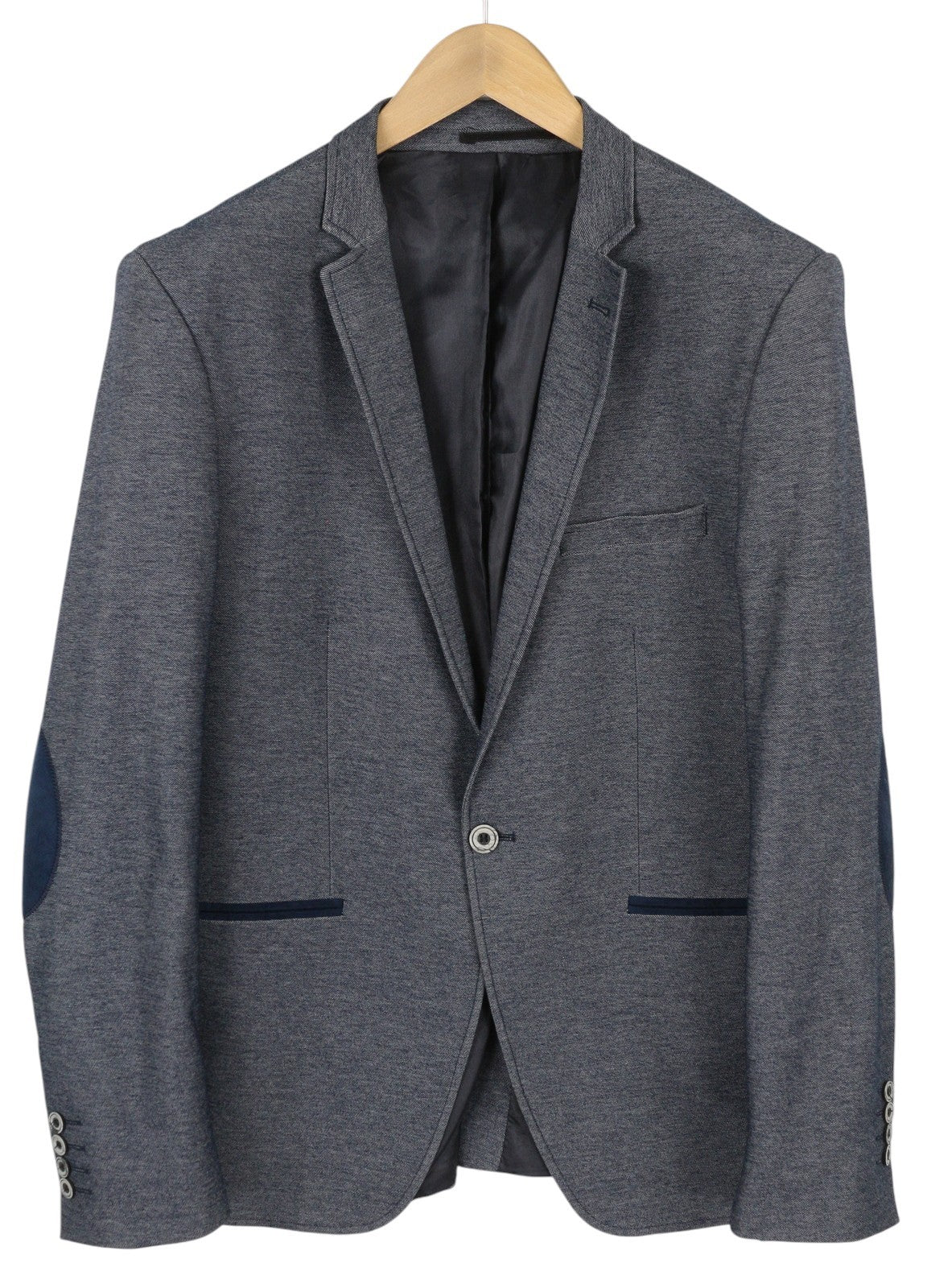 WEAVER Men Blazer 54 Blue Pattern Elbow Patch Notch Lapel Single Breasted