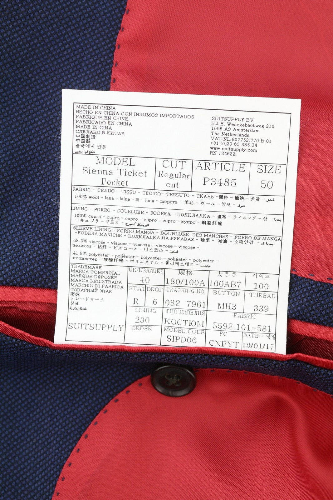 SUITSUPPLY Sienna Ticket Pocket Men Suit UK40R Dark Blue Wool Pattern 2in1