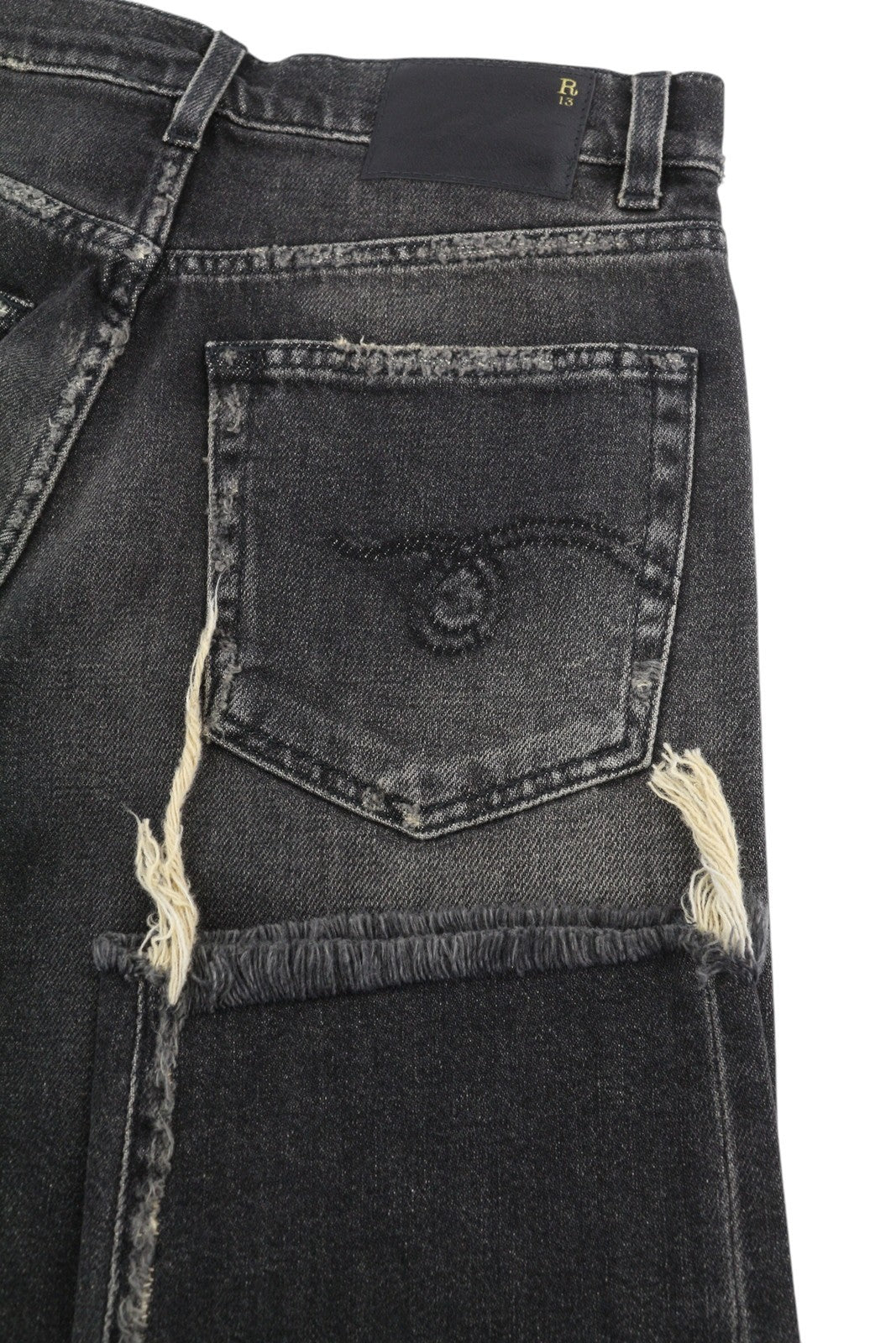 R13 Boyfriend Women Jeans 24 Abbey Black Washed Faded Ankle Distress RRP699