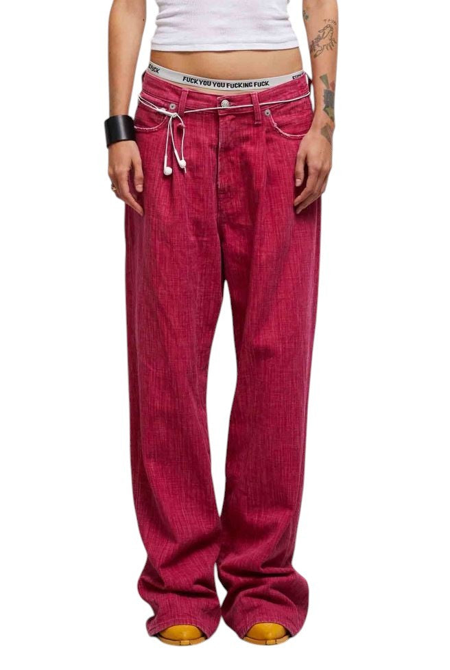 R13 Damon Pleated Women Jeans 27 Vivid Pink Wide Leg Zip Pocket Denim