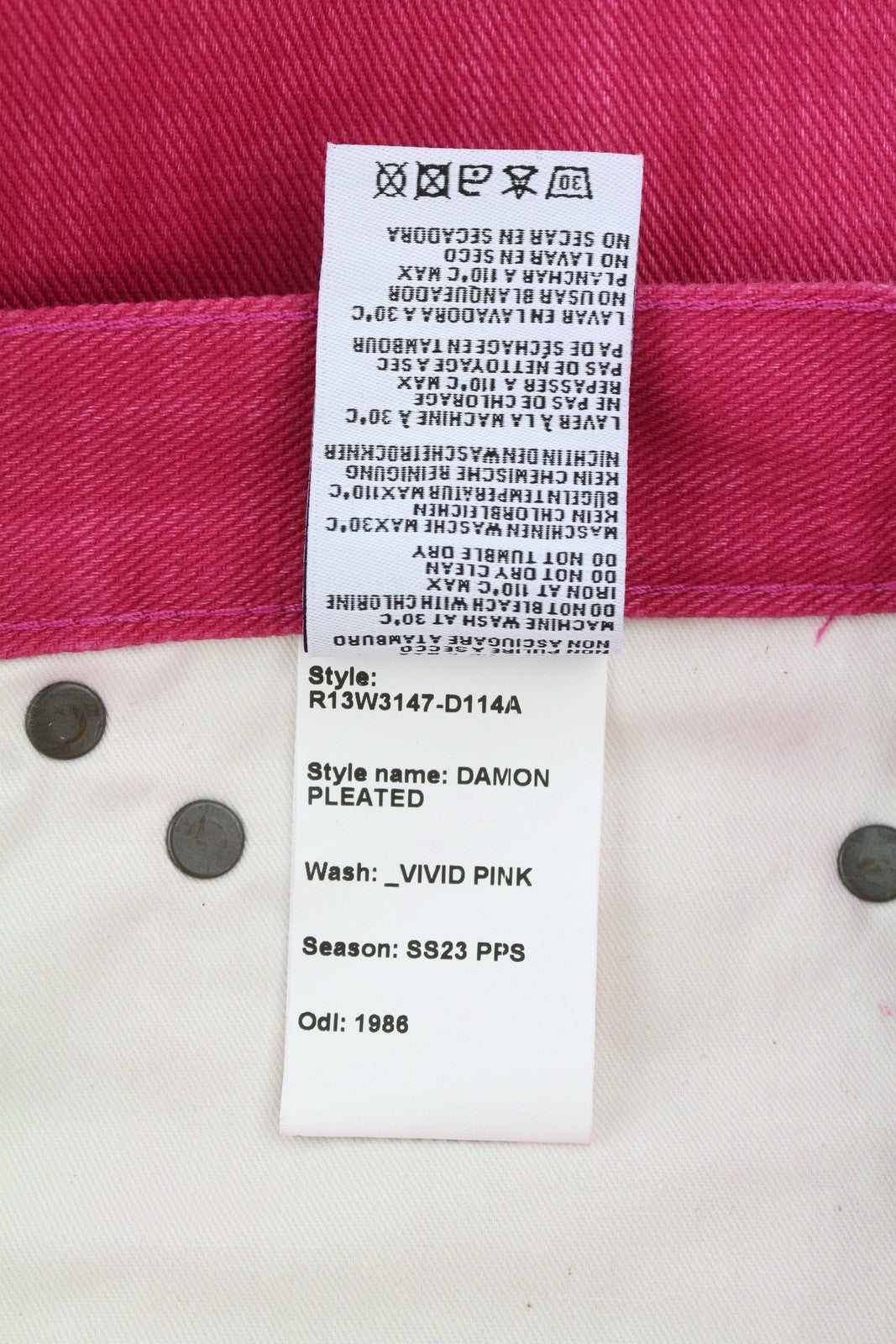 R13 Damon Pleated Women Jeans 27 Vivid Pink Wide Leg Zip Pocket Denim