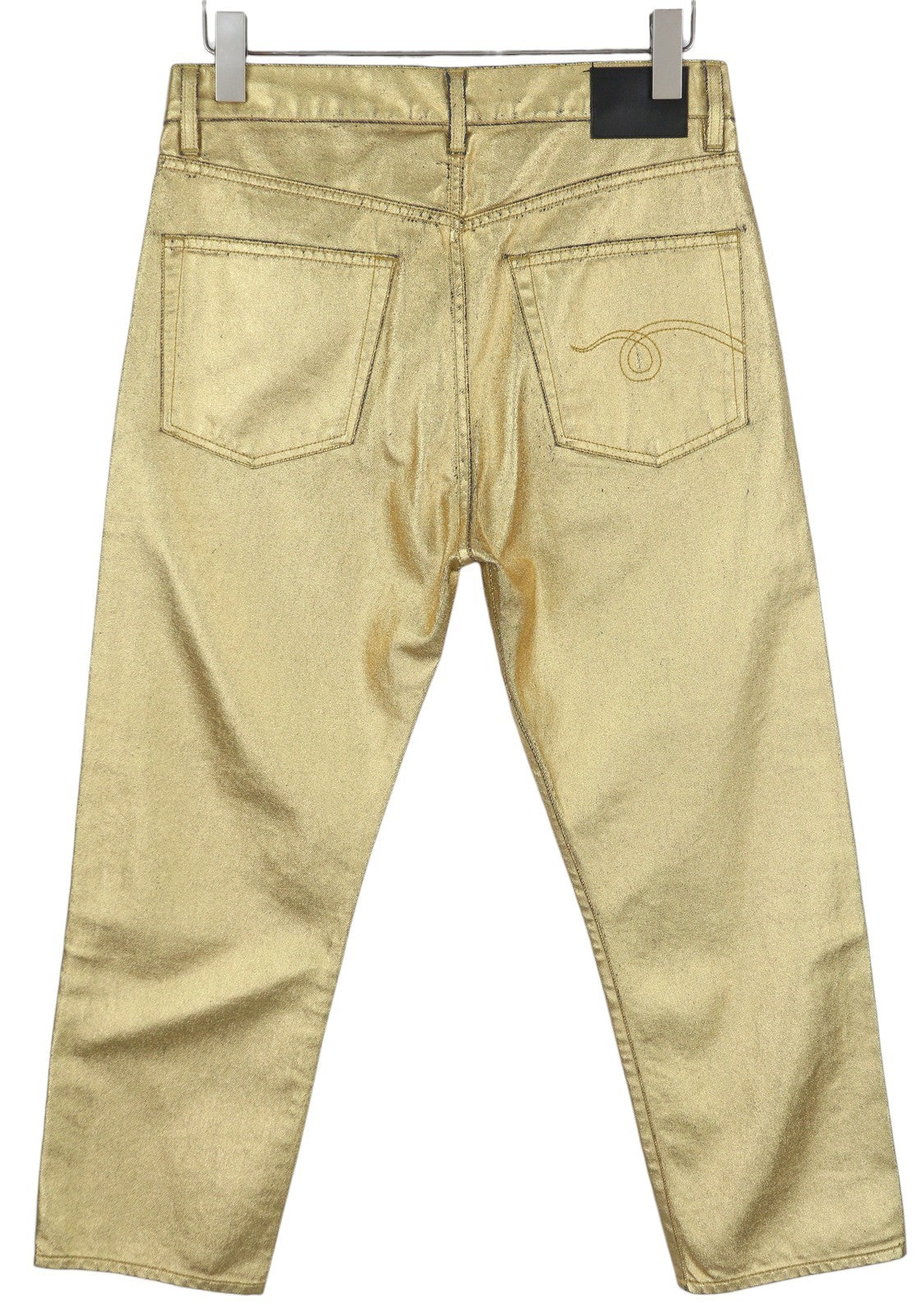 R13 Boyfriend Women Jeans 27 Gold Indigo Shiny Straight Zip Logo Denim