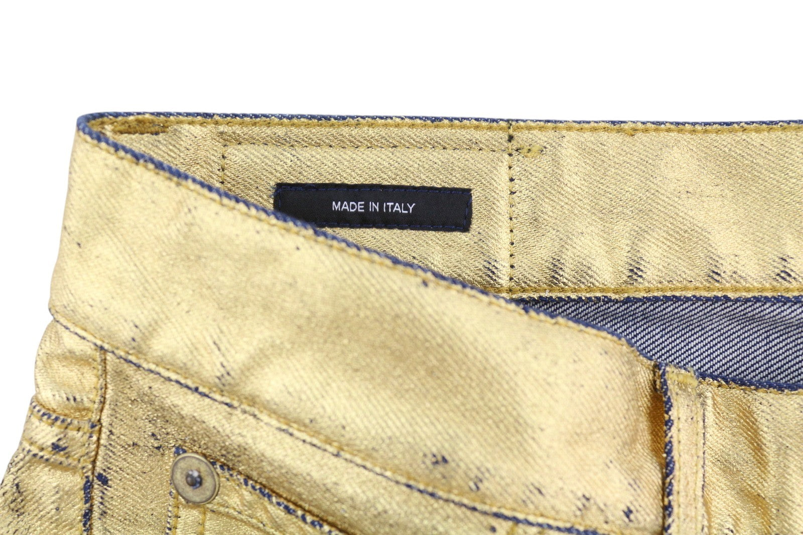 R13 Boyfriend Women Jeans 27 Gold Indigo Shiny Straight Zip Logo Denim