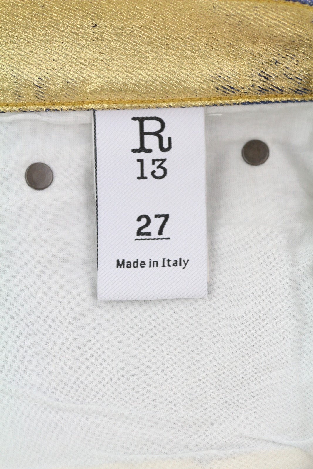 R13 Boyfriend Women Jeans 27 Gold Indigo Shiny Straight Zip Logo Denim