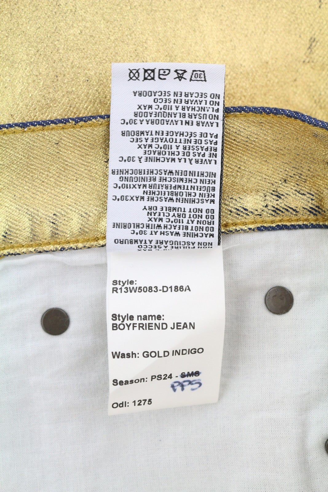 R13 Boyfriend Women Jeans 27 Gold Indigo Shiny Straight Zip Logo Denim