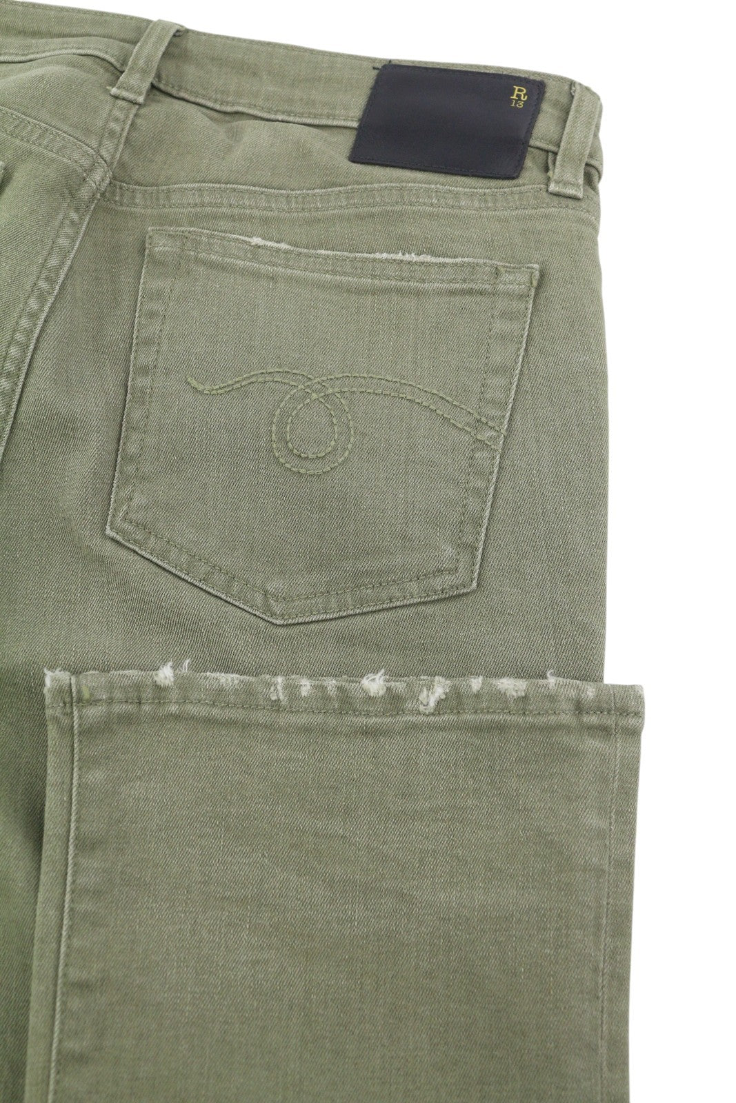 R13 Kick Fit Women Jeans 27 Olive Green Stretch Cropped Faded Denim