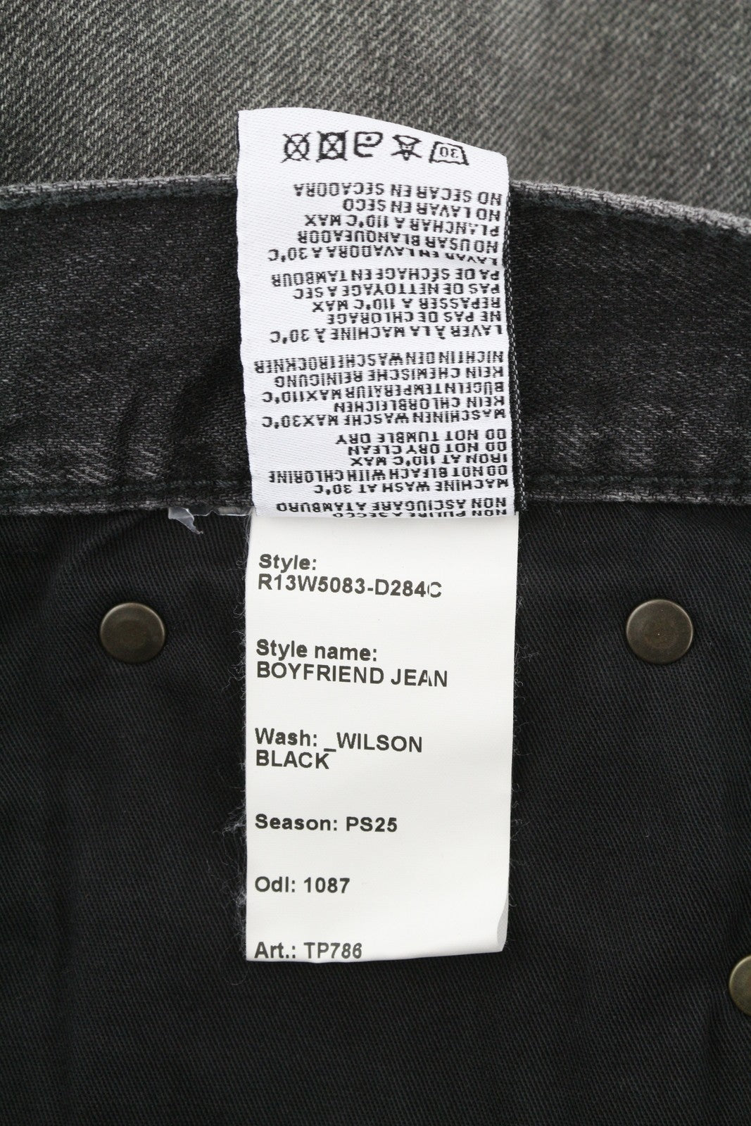 R13 Boyfriend Women Jeans 27 Wilson Black Washed Faded Cropped Relaxed Denim