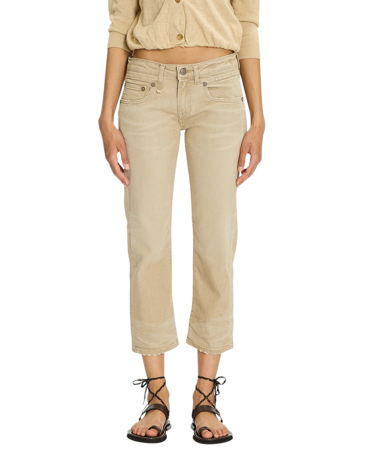 R13 Boy Straight Women Jeans 30 Khaki Stretch Washed Casual Ankle RRP699