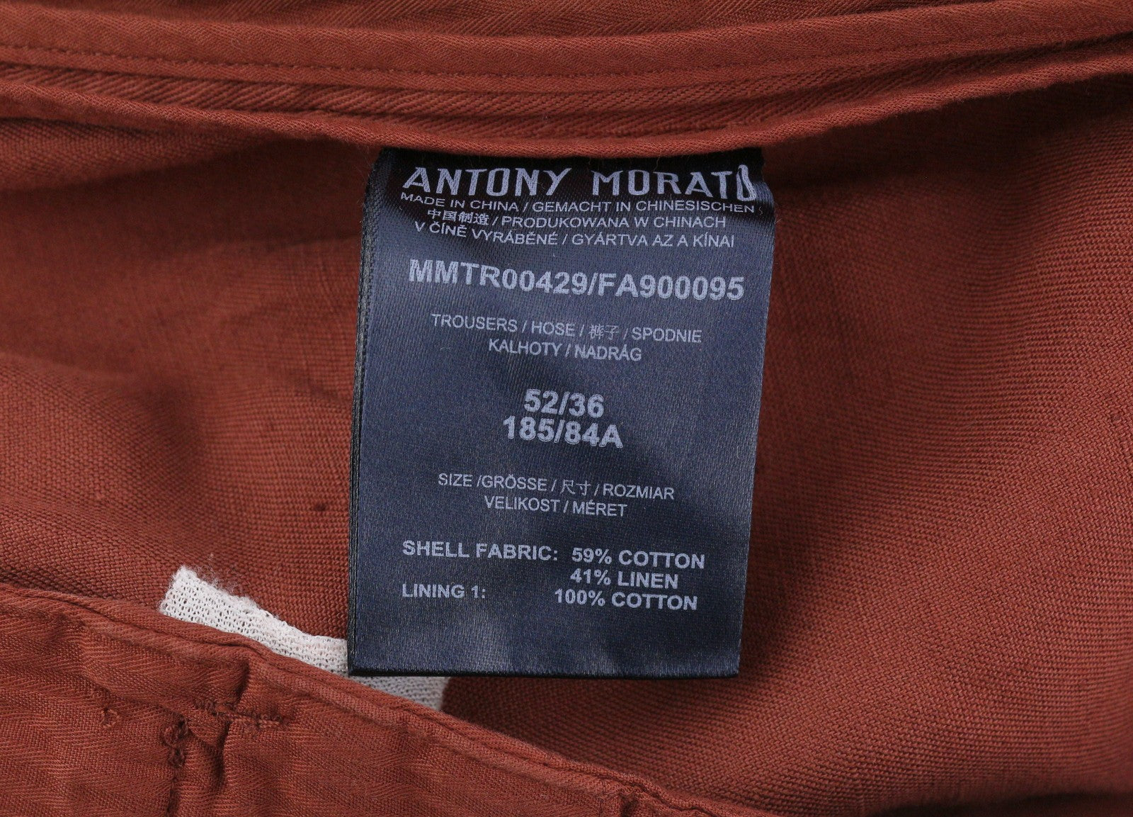 ANTONY MORATO Men Trousers W36 Rust Brown Linen Blend Pleated Elastic Waist