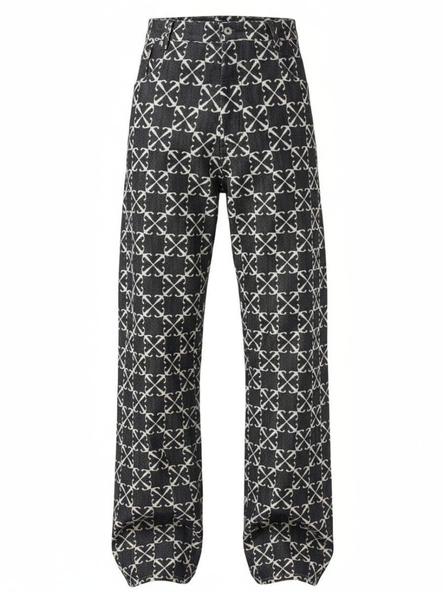 OFF-WHITE Men Jeans W33 Arrow Jacquard Straight Cotton Blue 5 Pocket