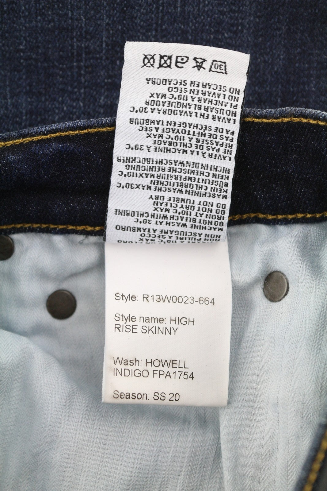 R13 High Rise Skinny Women Jeans 27 Howell Indigo Faded Whisker Distress