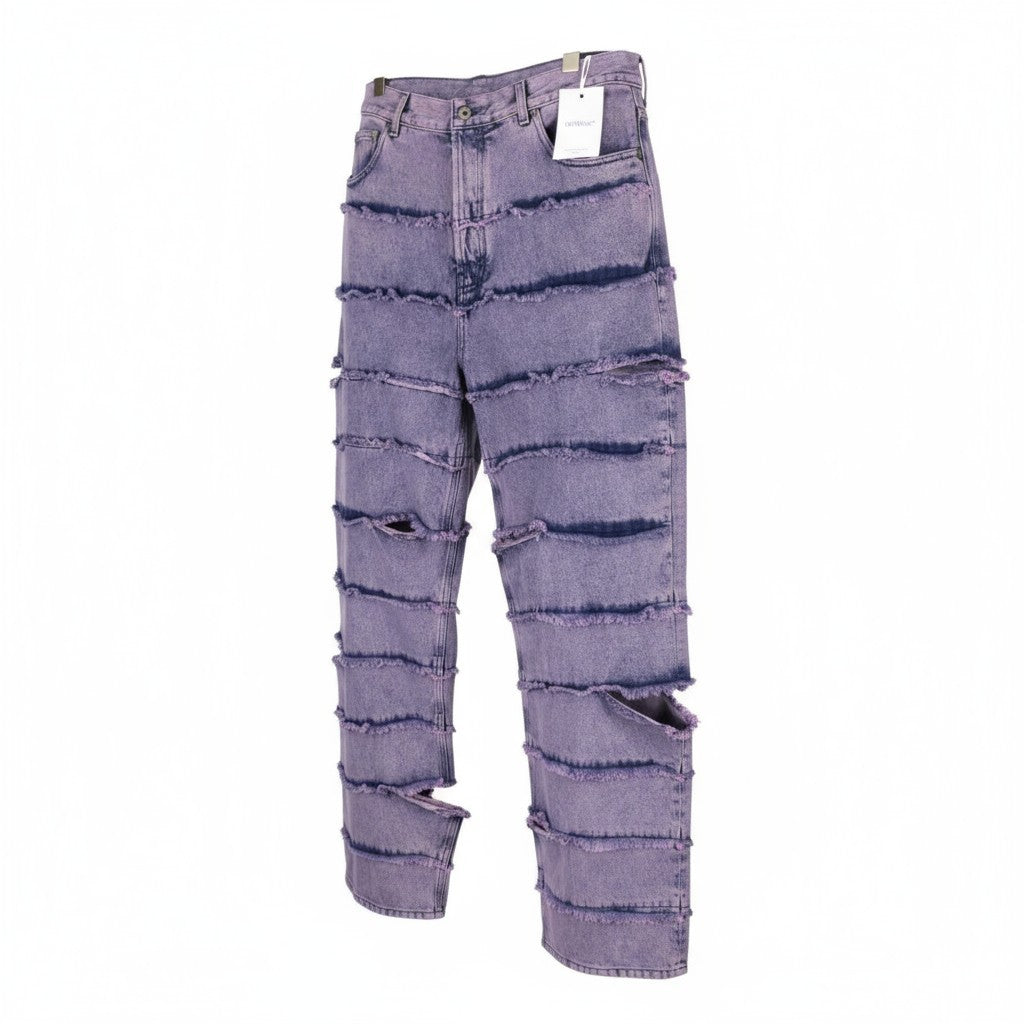 OFF-WHITE Punk Stripe Straight Men Jeans W33 Distressed Cut-Out Denim