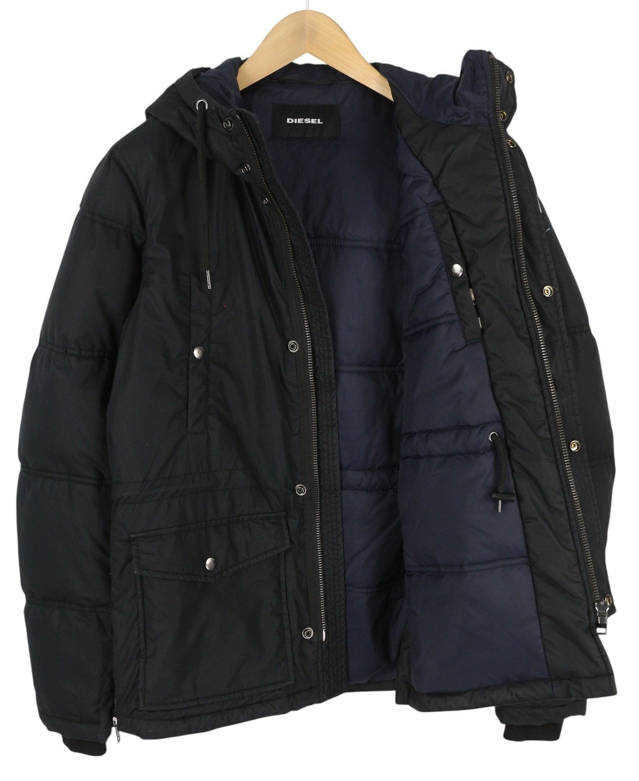 DIESEL Men Jacket M Black Hooded Full Zip Insulated Logo Lined