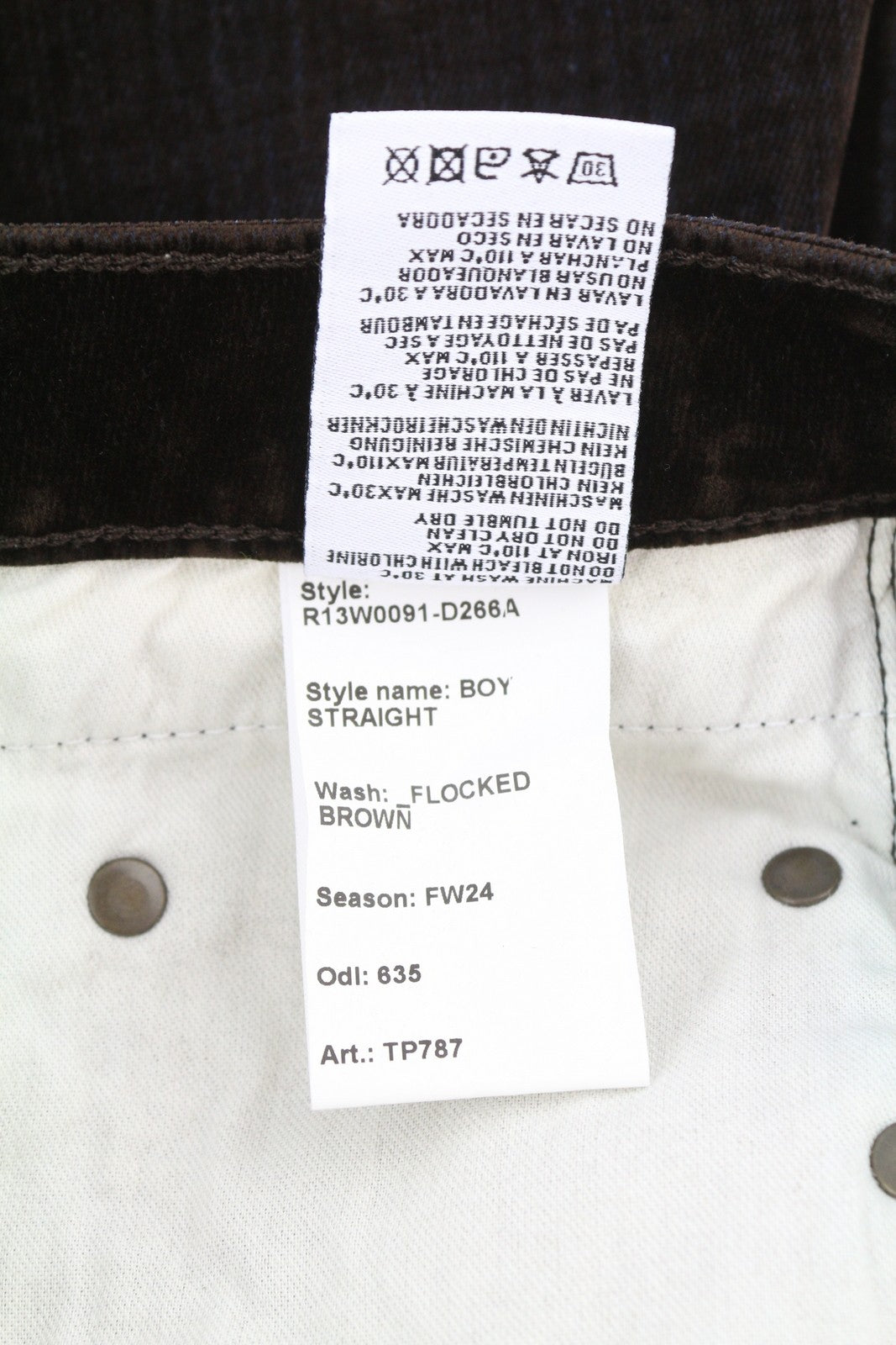 R13 Boy Straight Women Jeans 26 Brown Velvet Flocked Cropped Ankle Dark