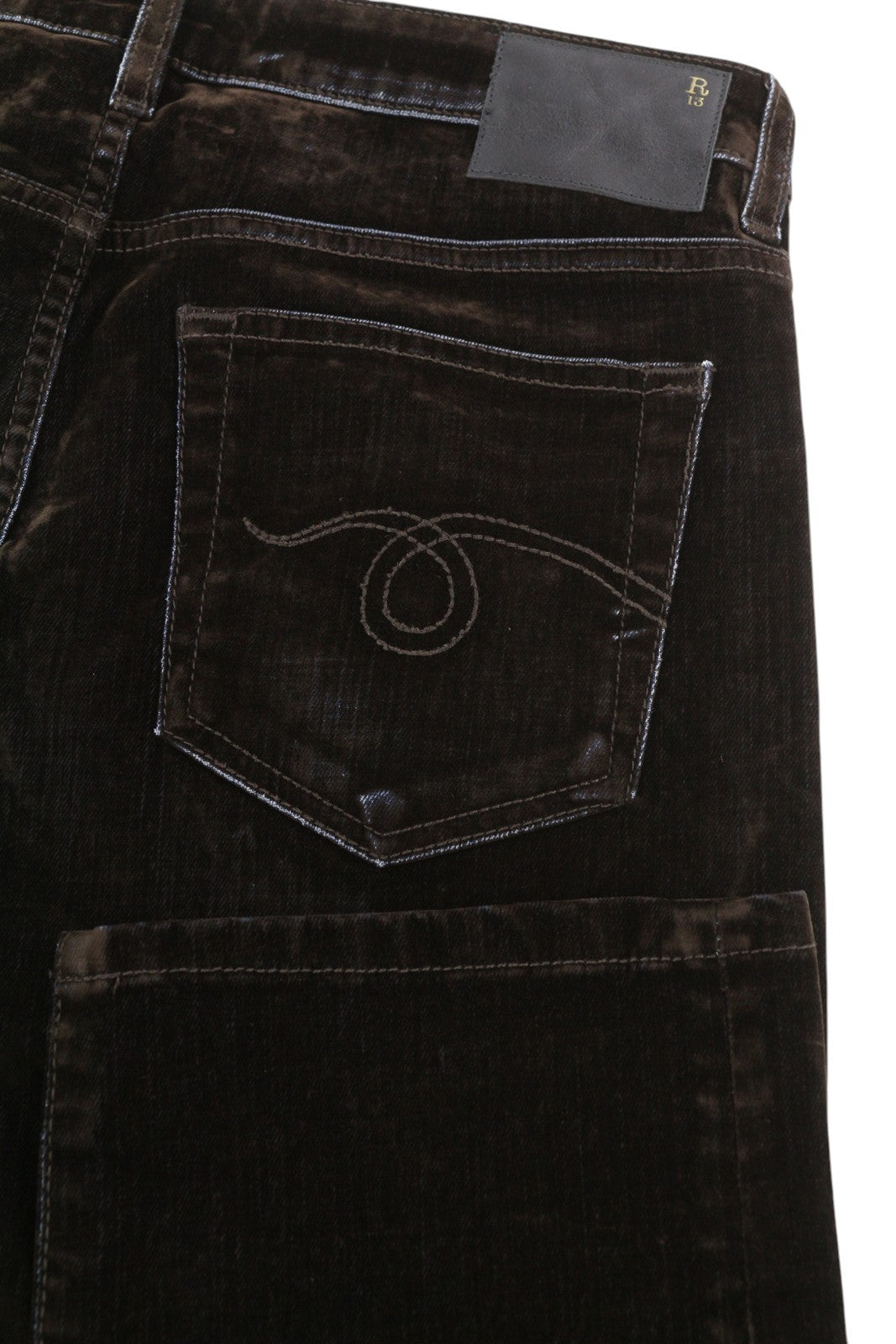 R13 Boy Straight Women Jeans 25 Brown Velvet Flocked Cropped Ankle Dark