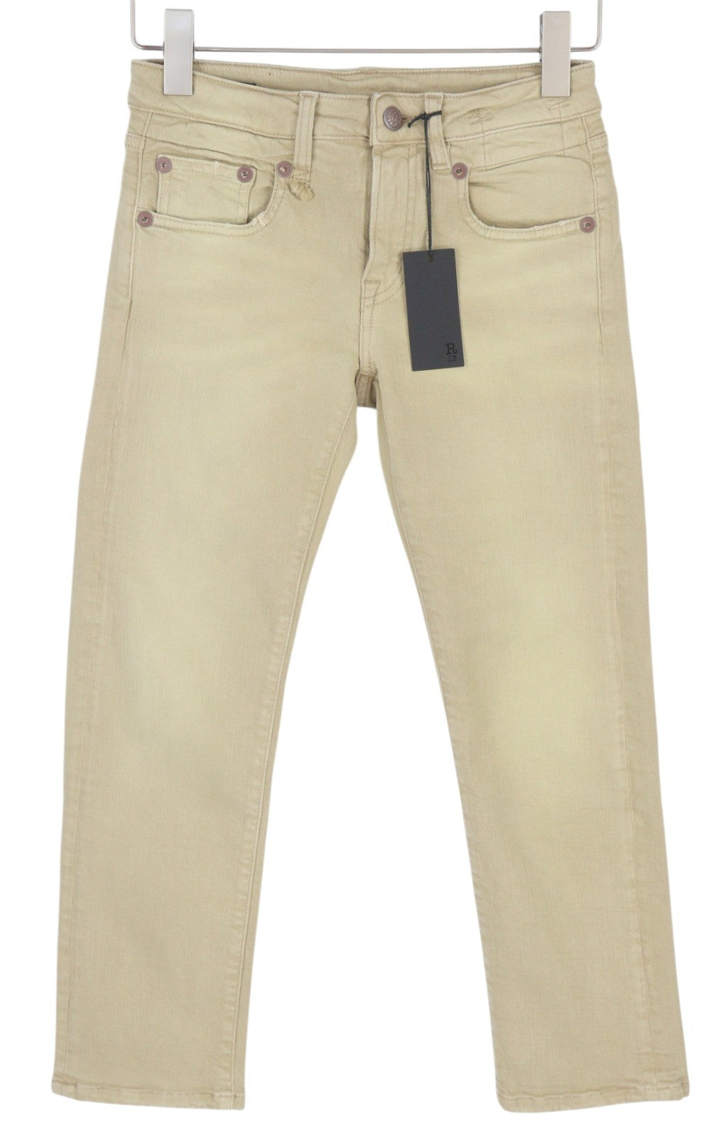 R13 Boy Straight Women Jeans 24 Khaki Stretch Washed Cropped Zip Ankle RRP699