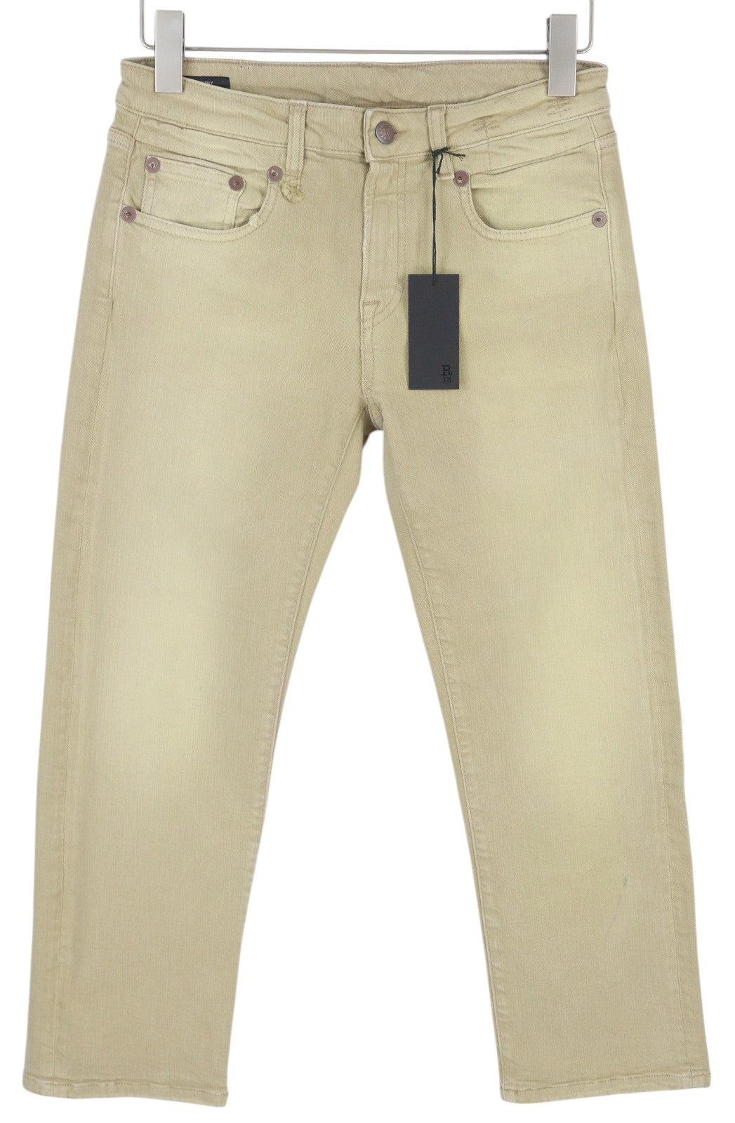 R13 Boy Straight Women Jeans 28 Khaki Stretch Washed Cropped Zip Ankle RRP699