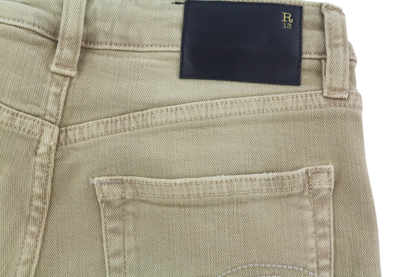 R13 Boy Straight Women Jeans 24 Khaki Stretch Washed Logo Ankle RRP699