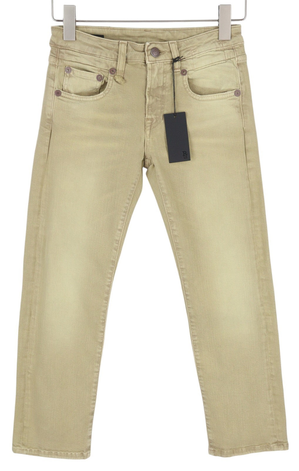 R13 Boy Straight Women Jeans 24 Khaki Stretch Washed Logo Ankle RRP699