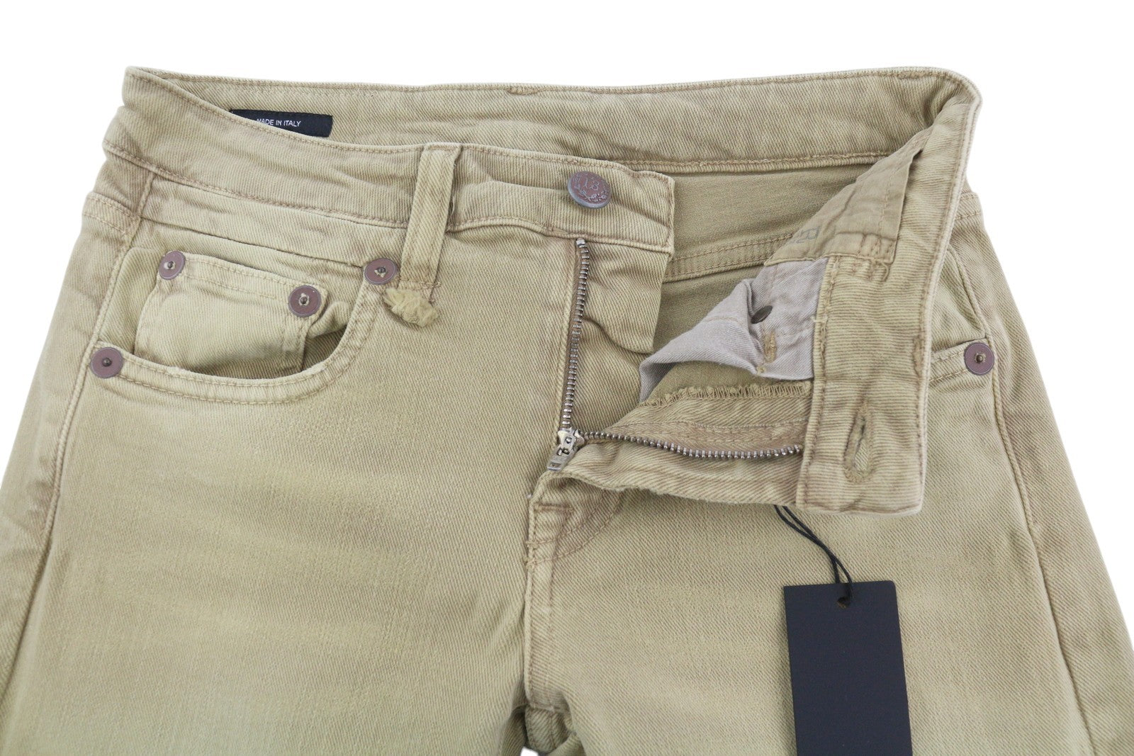 R13 Boy Straight Women Jeans 24 Khaki Stretch Washed Logo Ankle RRP699