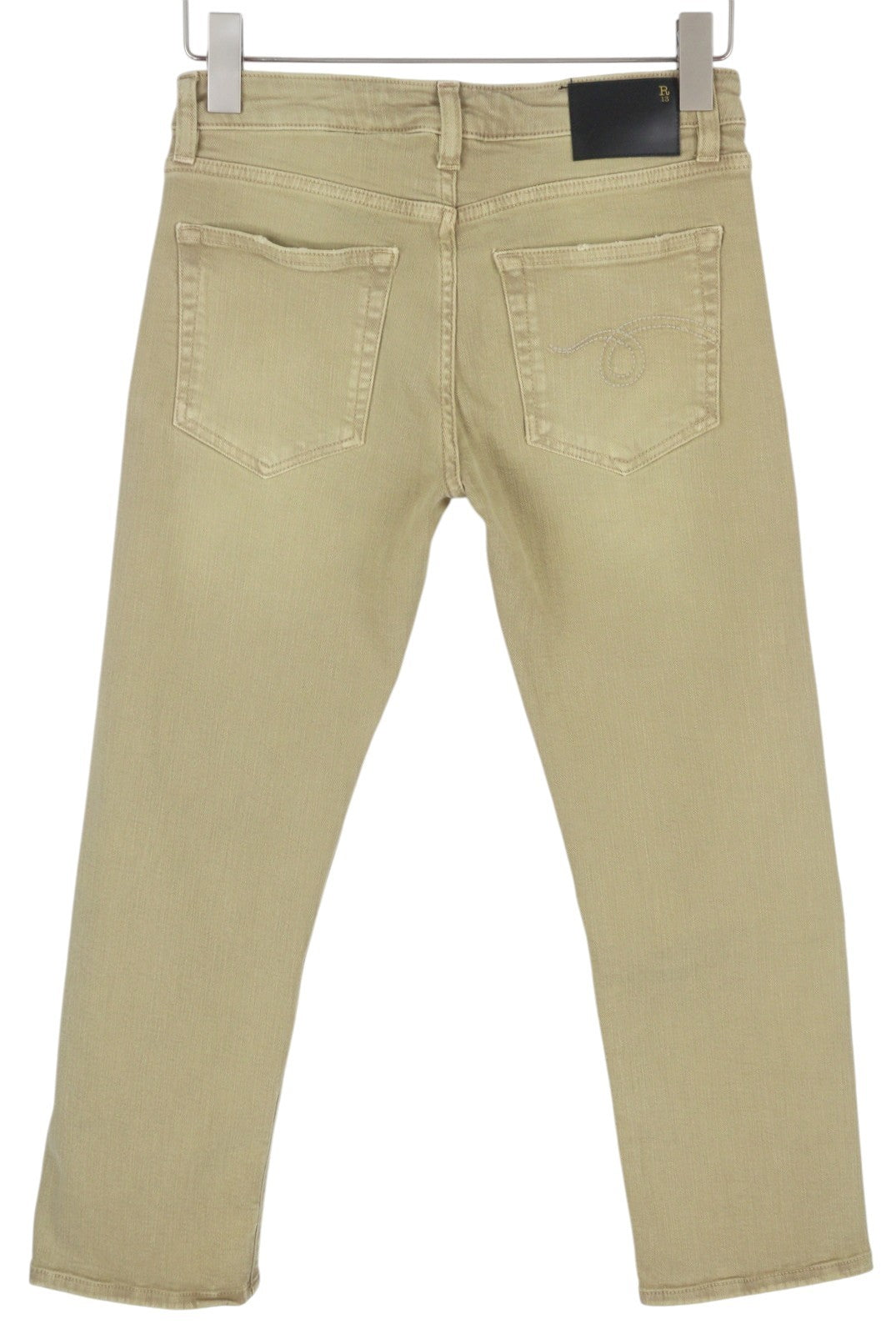 R13 Boy Straight Women Jeans 26 Khaki Stretch Washed Logo Ankle RRP699
