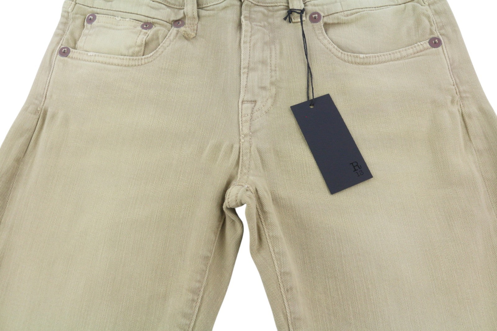 R13 Boy Straight Women Jeans 28 Khaki Stretch Denim Cropped Pockets RRP699