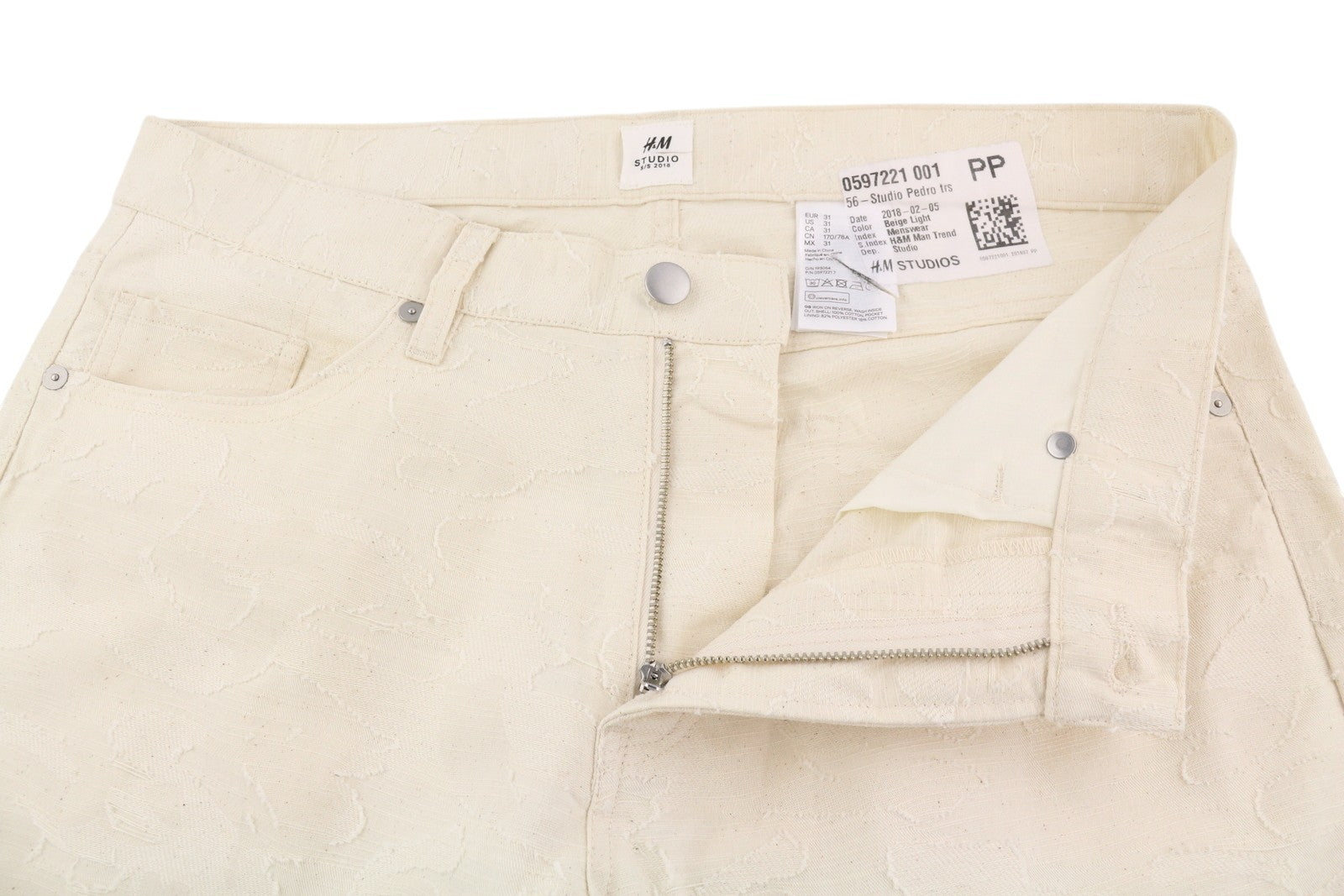 H&M Men Trousers W31 Light Beige Slim Fit Textured Zip Fly Casual
