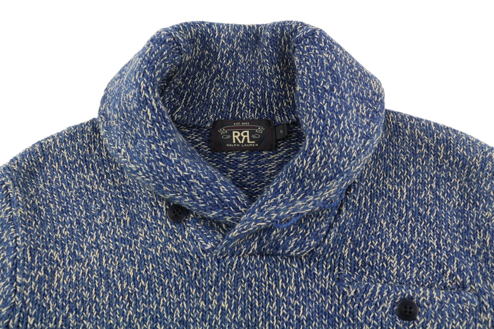 RALPH LAUREN Men Jumper S Blue Melange Knit Shawl Neck Pocket Pullover