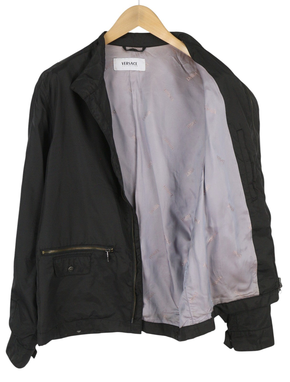 VERSACE Men Jacket 50 Black High Neck Lined Zip Pockets Lightweight